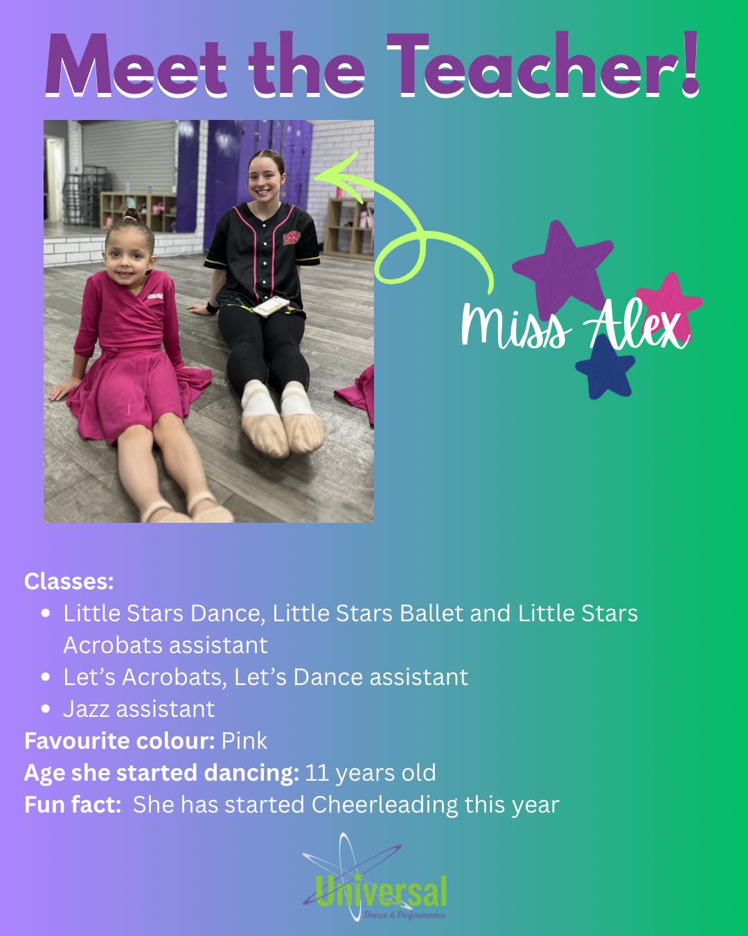 ✨ Meet the Teacher ✨
Say hello to … Miss Alex 🎀
Miss Alex started dancing when she was 11 years old and now is one of our trusty teacher helpers for our Little Stars, Let’s and Jazz classes. She lights up our studio with her bright, bubbly personality, bringing energy and a warm, welcoming vibe to every class she’s apart of 🌈✨
Fun fact: She’s started cheerleading this year! 📣📣
We are so lucky to have Miss Alex inspiring our dancers each week 💜💚
#meettheteacher #danceteacher #dancefamily #southperth #universaldanceandperformance #como #perthdance #udp #kidsdanceclasses