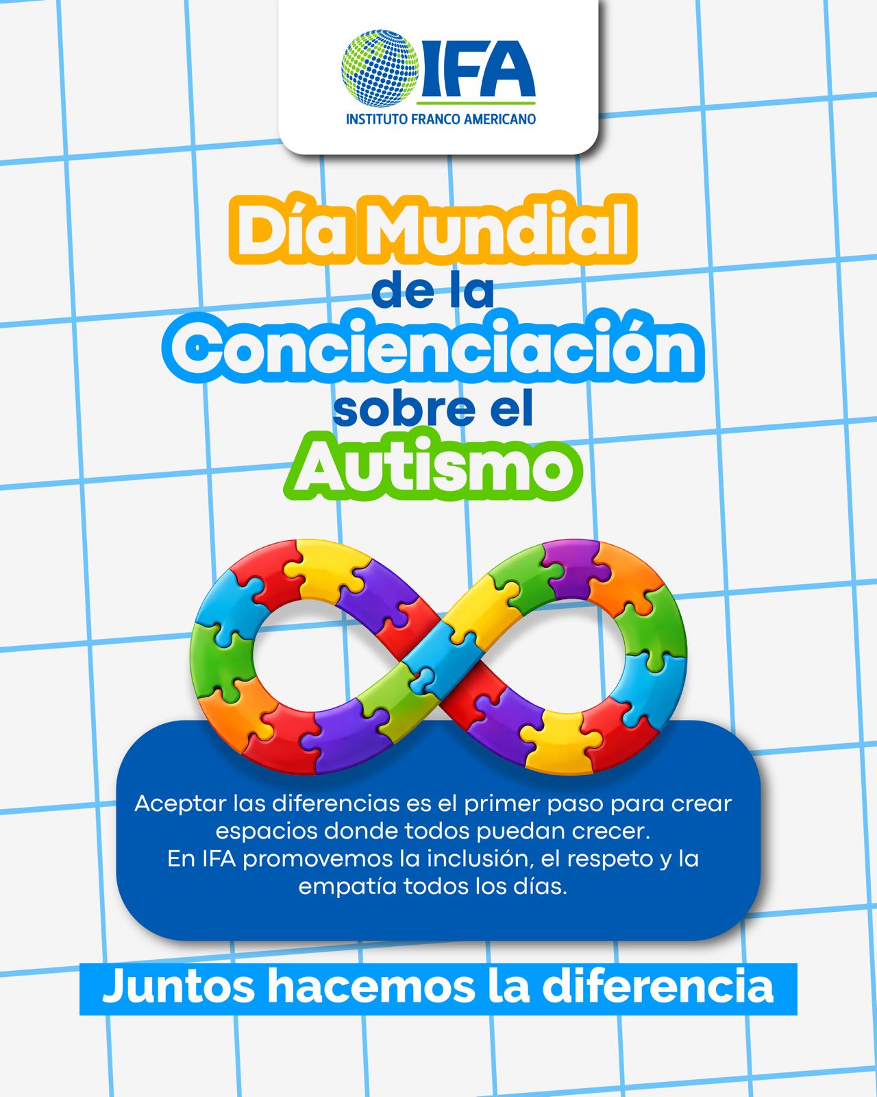 Hoy miramos con más empatía, escuchamos con más atención y entendemos con el corazón. 🧠💙
En el Día Mundial de la Concienciación sobre el Autismo, recordamos que cada persona vive y siente el mundo de una forma única.
Y en esa diversidad, hay un valor inmenso que merece ser respetado y acompañado. 🧩✨
Aceptar, comprender y ser pacientes puede cambiar la vida de alguien.
Pequeños actos, grandes diferencias.
Sigamos construyendo espacios donde todos se sientan seguros, valorados y parte de algo. ♾️
#ConcienciaciónAutismo #InclusiónConAmor #IFA #JuntosHacemosLaDiferencia