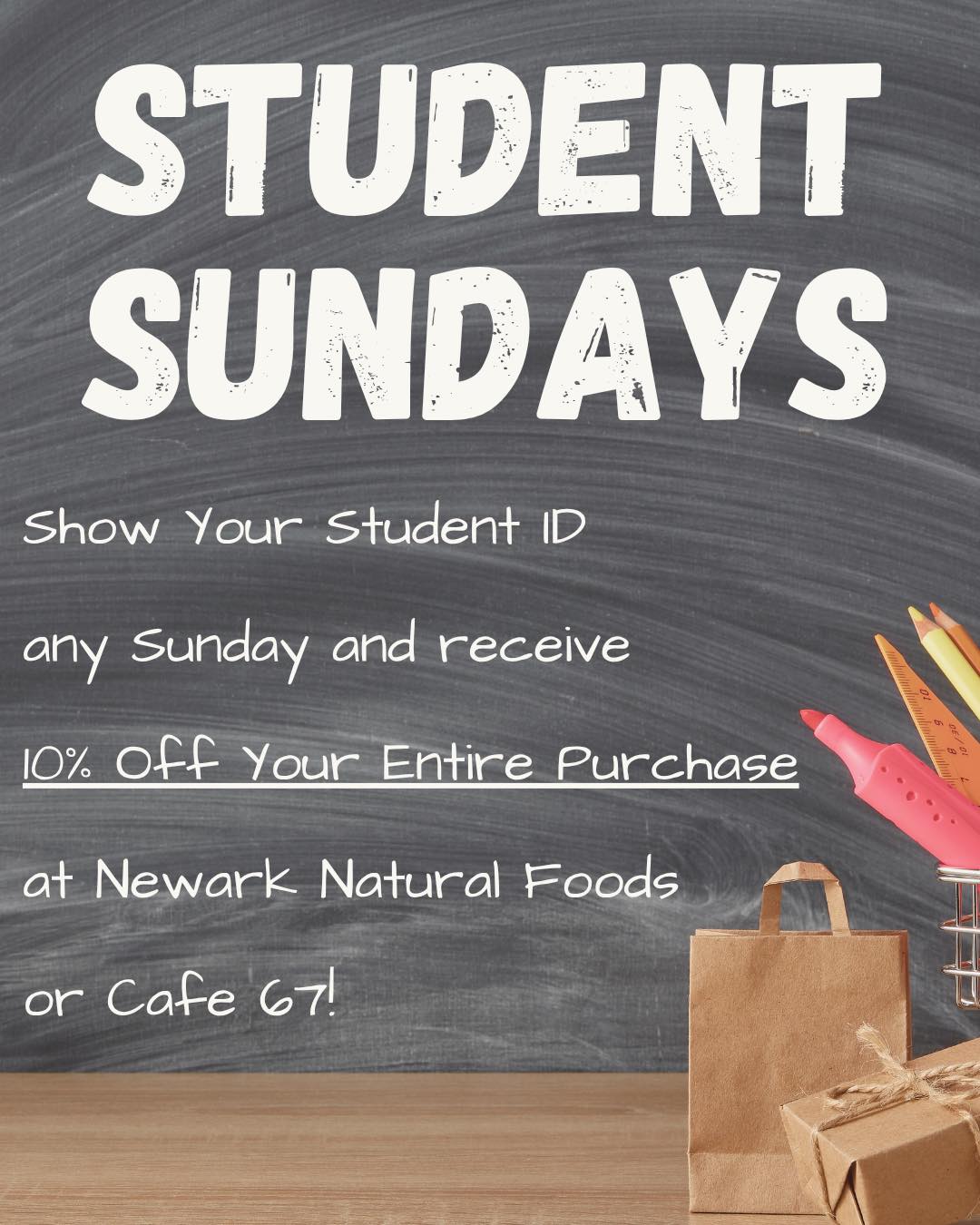Students: don’t forget that you save 10% on groceries every single Sunday! All you need to do is show your Student ID; no membership required 🧑🎓