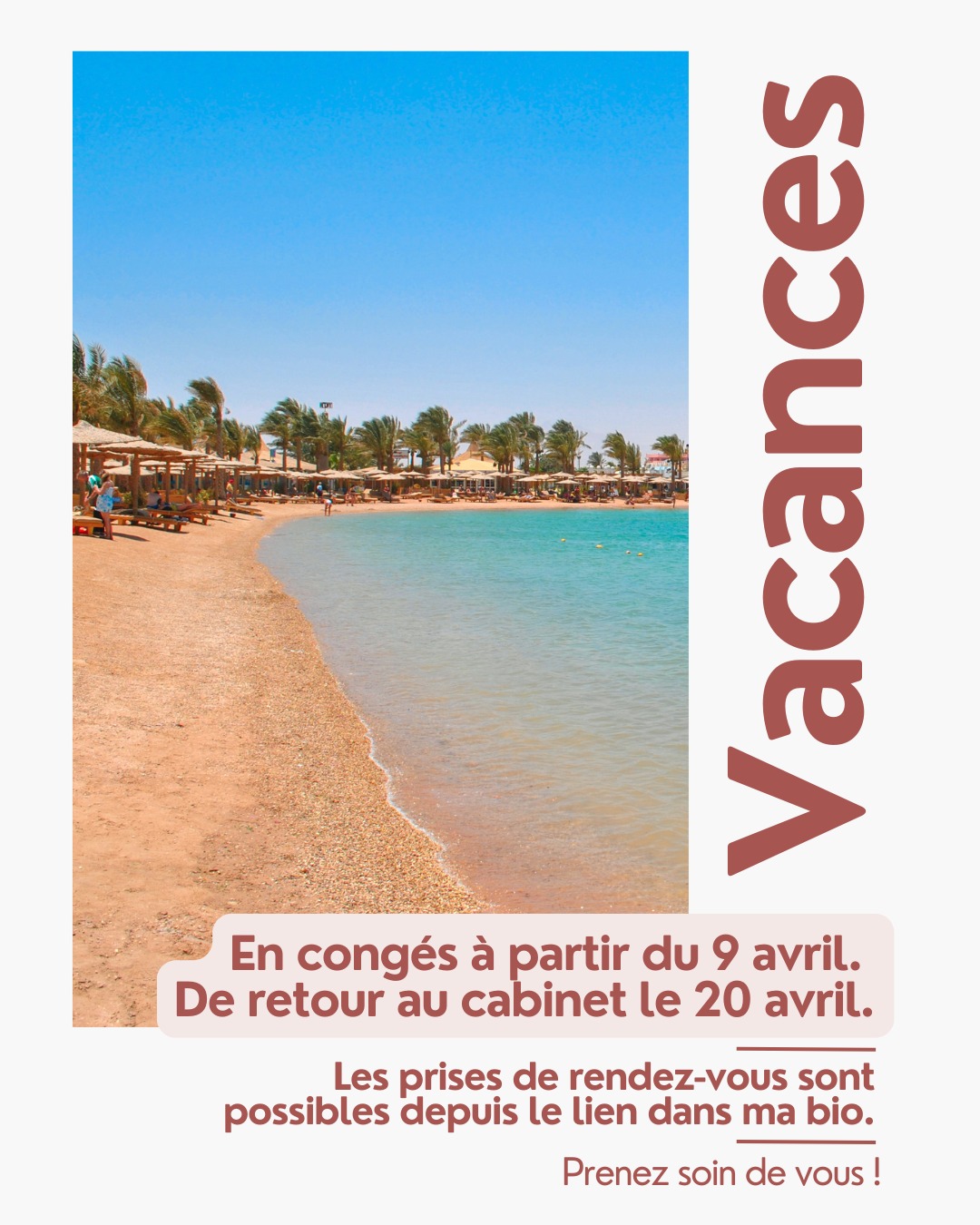 ✨ Une pause pour mieux revenir ✨
Je serai absente du 9 au 20 avril, il est temps pour moi de partir en vacances et de profiter du !
Mais pas question de vous abandonner ! Je vais profiter de cette pause pour recharger mes batteries, revenir encore plus alignée et ressourcée pour vos soins de rentrée.
📅 Les réservations restent ouvertes sur mon site internet, ou en lien direct dans ma bio. Vous pouvez d'ores et déjà réserver votre soin à mon retour.
Merci pour votre confiance et votre fidélité 💜
Prenez soin de vous et à très vite !
__________________________________
✨ Réflexologie & énergies à Nantes
🦶 Soins de réflexologie plantaire
👐 Soin énergétique
🌈 Réveillez votre énergie intérieure, retrouvez un équilibre émotionnel & découvrez le pouvoir d'auto-guérison
🌿 Créatrice de soins doux & thérapeutiques, 100% personnalisés pour soulager les tensions, libérer l'esprit et promouvoir un bien-être global
📆 Réservez votre parenthèse de bien-être
https://www.carolinestouls-reflexologue-nantes.fr/decouverte-reflexologie
#PauseBienMéritée #RechargeÉnergétique #ReflexologieNantes #PrendreSoinDeSoi