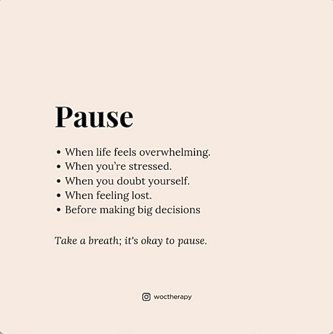 In a world that rewards quick reactions, choosing to pause is powerful.
That moment of stillness before responding can be the difference between regret and intention… between reacting and truly responding.
A pause gives your nervous system time to settle.
It creates space for clarity, compassion, and choice.
You don’t have to match chaos with chaos.
You can choose calm. You can choose awareness.
Your mental health isn’t built in the big moments—it’s shaped in these small, quiet decisions to slow down, breathe, and respond with care.
Pause. It’s not weakness—it’s strength.