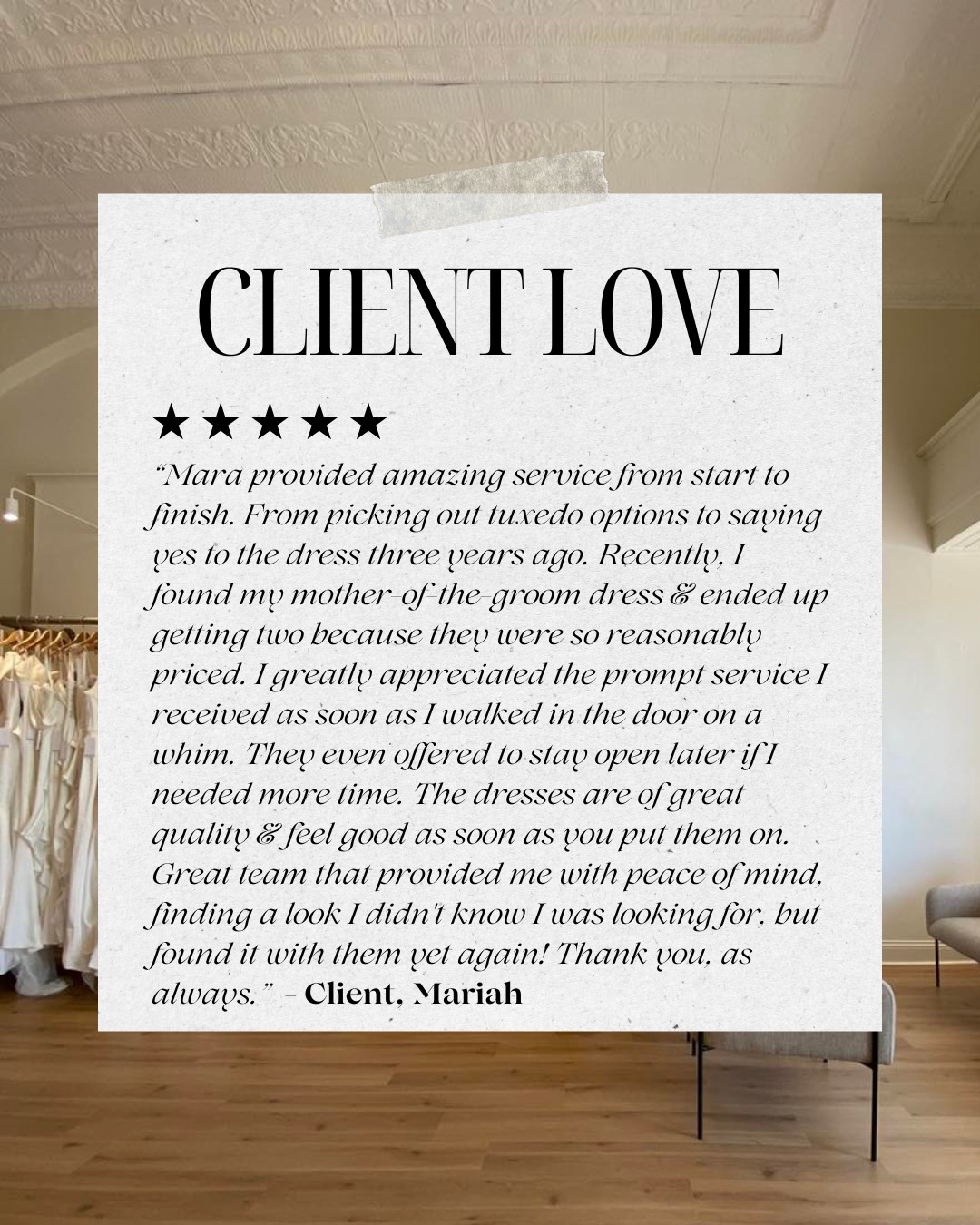 We’re still smiling from this sweet review! It’s been such a joy working with Mariah over the years, & we loved having her back in the boutique. 🤍