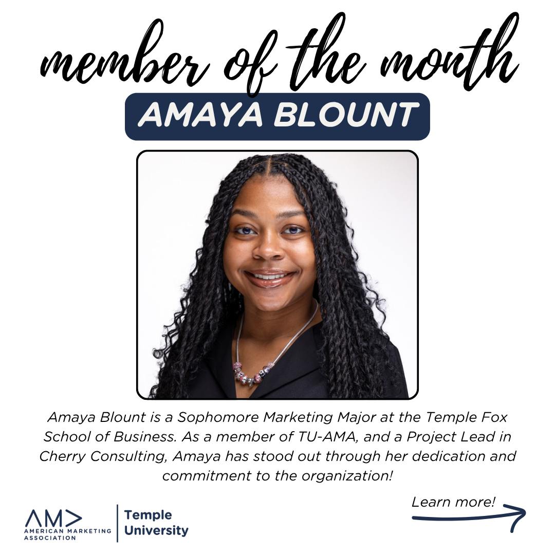 Congratulations to our Member of the Month, Amaya Blount! We're so proud to spotlight Amaya for her accomplishments within TU-AMA, and we look forward to seeing her continue to thrive!!! Swipe left to learn more about Amaya! #tuama #templeowls #ama