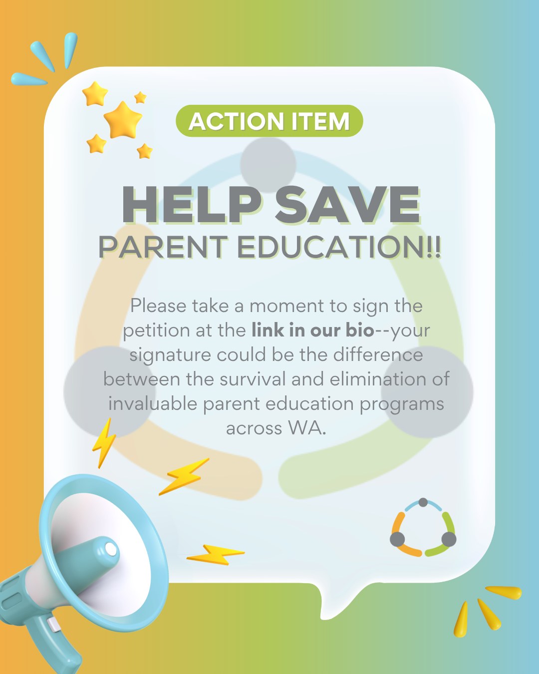 At the union rally on April 9, our petition will be presented to the SBCTC. This is a critical moment and we need your voices now!
It’s quick, your email won’t be spammed, and signing/sharing it with friends and on social media could be the difference between the survival and termination of these invaluable programs. Let’s show the power of our village; every signature counts!
💛 Sign. Share. Save Parent Ed.