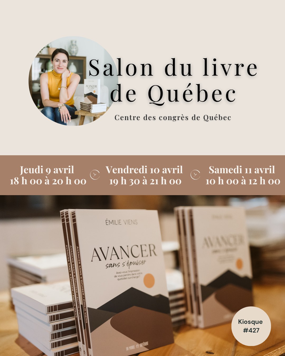 Il y a quelque chose de spécial dans les rencontres en personne.
Lire vos messages me touche beaucoup… mais vous rencontrer, échanger et prendre le temps de discuter avec vous, c’est encore plus précieux.
Je serai au Salon du livre de Québec très prochainement et vous pourrez me trouver au kiosque 427 aux plages horaires suivantes:
-Jeudi 9 avril de 18 h à 20 h
-Vendredi 10 avril de 19 h 30 à 21 h
-Samedi 11 avril de 10 h à midi
Si vous êtes de passage, venez me voir! :) Ça me ferait vraiment plaisir d’échanger avec vous. 🤍📚
Au plaisir de vous rencontrer!
Emilie xo