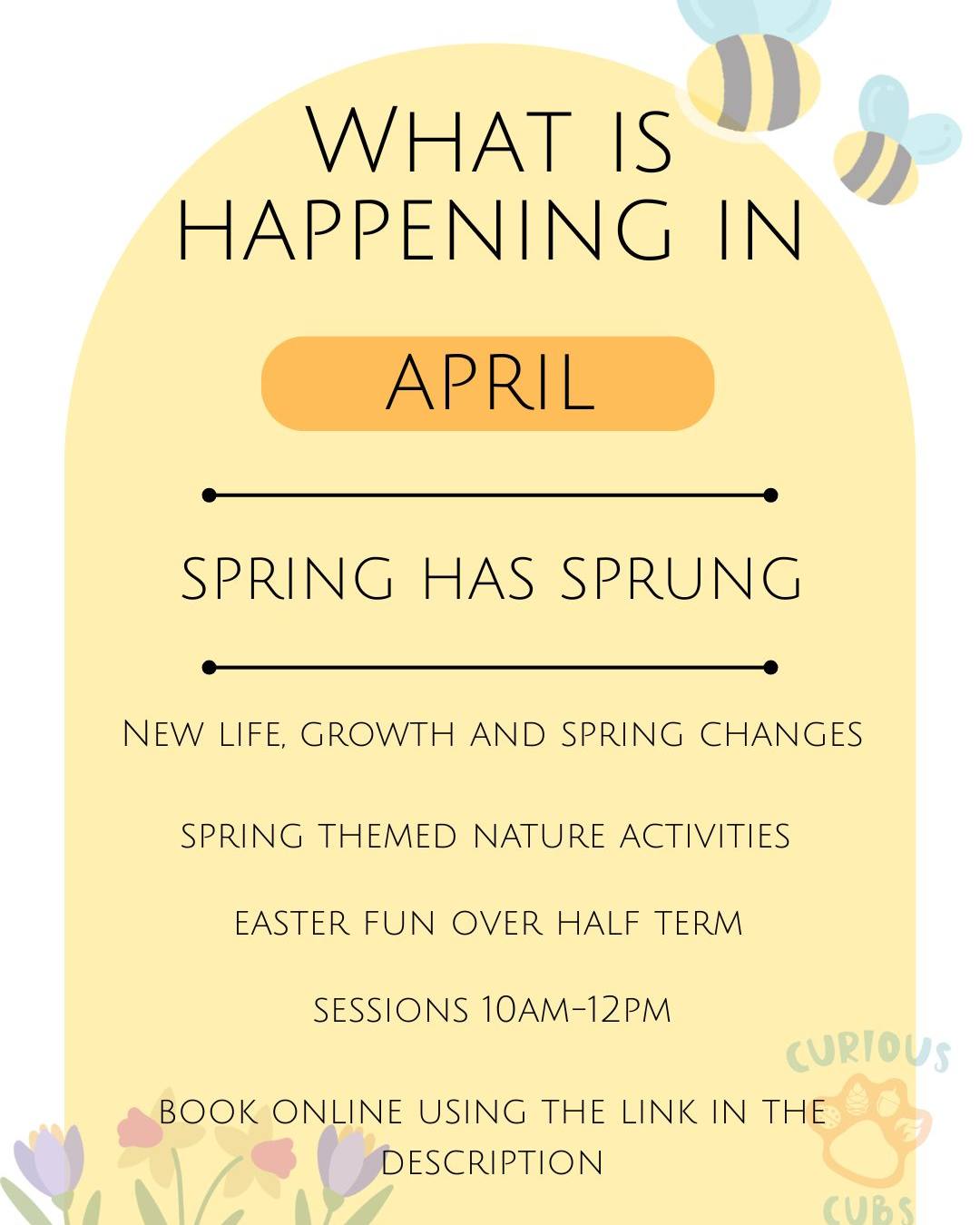 🌸 April at Curious Cubs – Spring Has Sprung! 🌸
Spring is finally here and we’re so excited to explore all the wonderful changes the season brings 🌼
This month, our Curious Cubs will be discovering:
🌱 New life
🌿 Growth and changes
🎨 Nature-inspired crafts
We’ve also installed some exciting new equipment, so it’s the perfect time to come along and check it out!
We’re open throughout the half term, including Bank Holiday Friday and Monday 🙌
We can’t wait to welcome you this April!
Book your session here: www.curiouscubs.co.uk/book
#CuriousCubs #SpringHasSprung #AprilActivities #FamilyFun #HalfTermFun