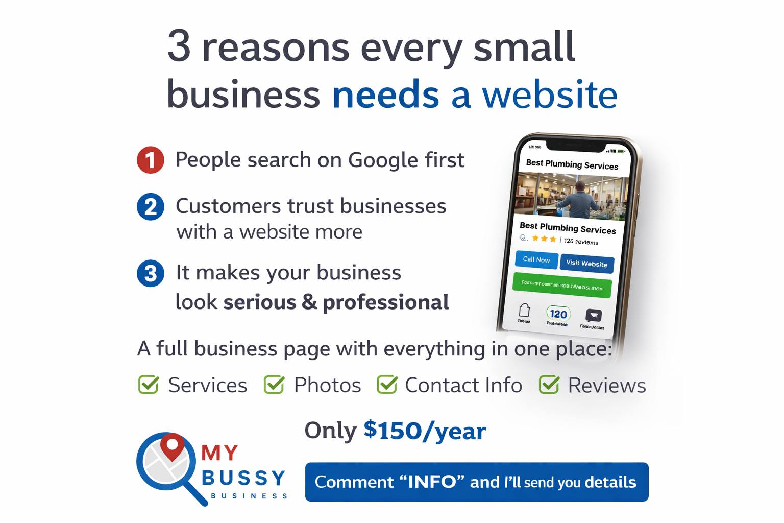 3 reasons every small business needs a website
People search on Google first
Customers trust businesses with a website more
It makes your business look serious and professional
That’s why we created a simple solution.
A full business page with everything in one place:
Services
Photos
Contact information
Customer reviews
Built for small businesses with low budgets.
Only $150 per year.
Comment “INFO” and I’ll send you the details.
Powered by MyBusyBusiness
One Click Website Designers LLC
516-779-0966
www.oneclickwebsitedesigners.com
#smallbusiness #webdesign #digitalmarketing #localbusiness #businessgrowth #marketingtips #leadgeneration #entrepreneur #growyourbusiness #website #onlinepresence #longislandbusiness #nassaubusiness #servicebusiness #smallbizowner