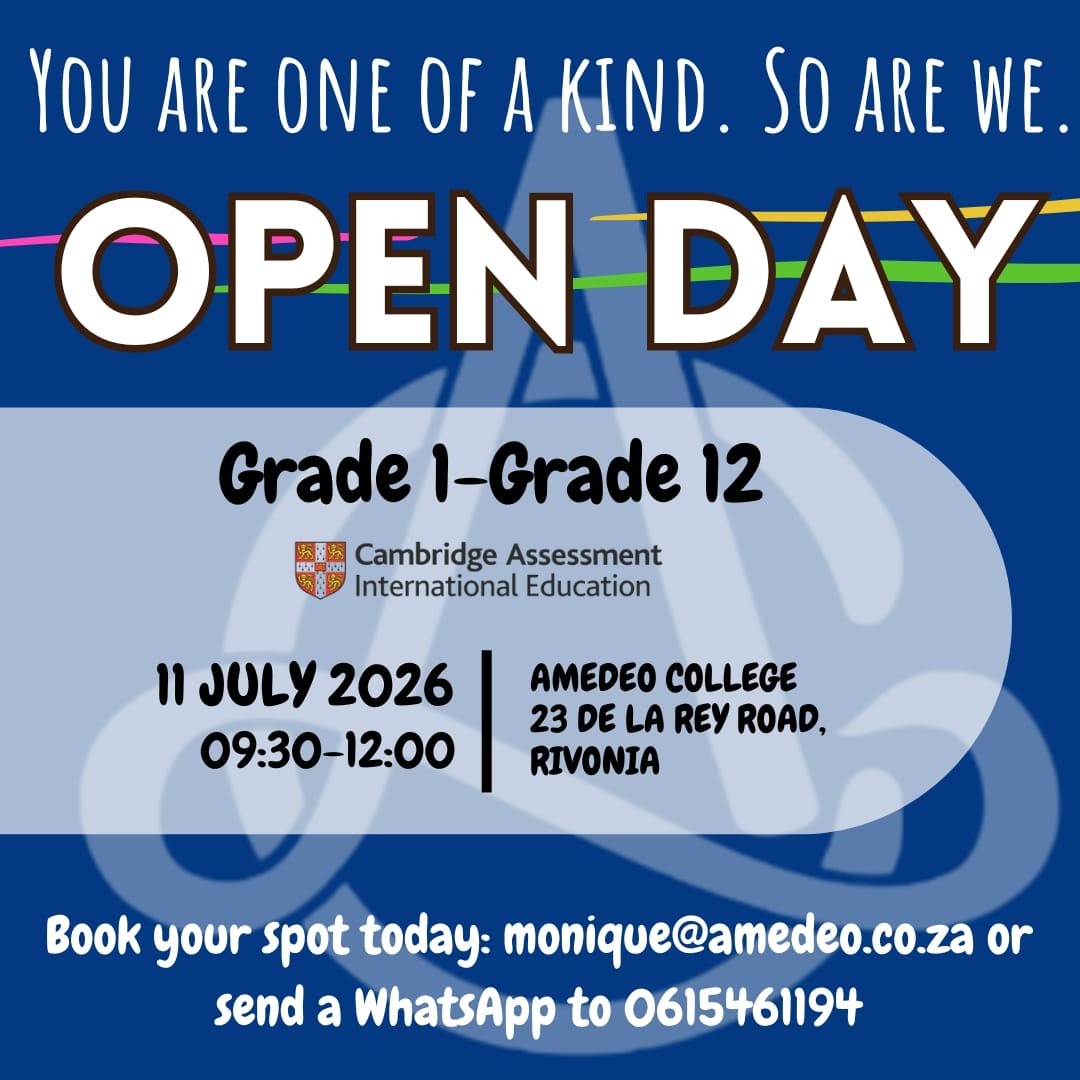Discover a school that recognises every learner’s individuality.
Join us at the Amedeo College Open Day and learn more about our supportive learning environment, Cambridge education offering, and pathways from Grade 1 to Grade 12.
Date: 11 July 2026
Time: 09:30–12:00
Venue: Amedeo College, 23 De La Rey Road, Rivonia
To book your spot, email monique@amedeo.co.za or WhatsApp 061 546 1194.
.
.
#AmedeoCollege #OpenDay #RivoniaSchools #CambridgeEducation #PrivateSchoolSA #SchoolOpenDay #EducationMatters #Grade1ToGrade12