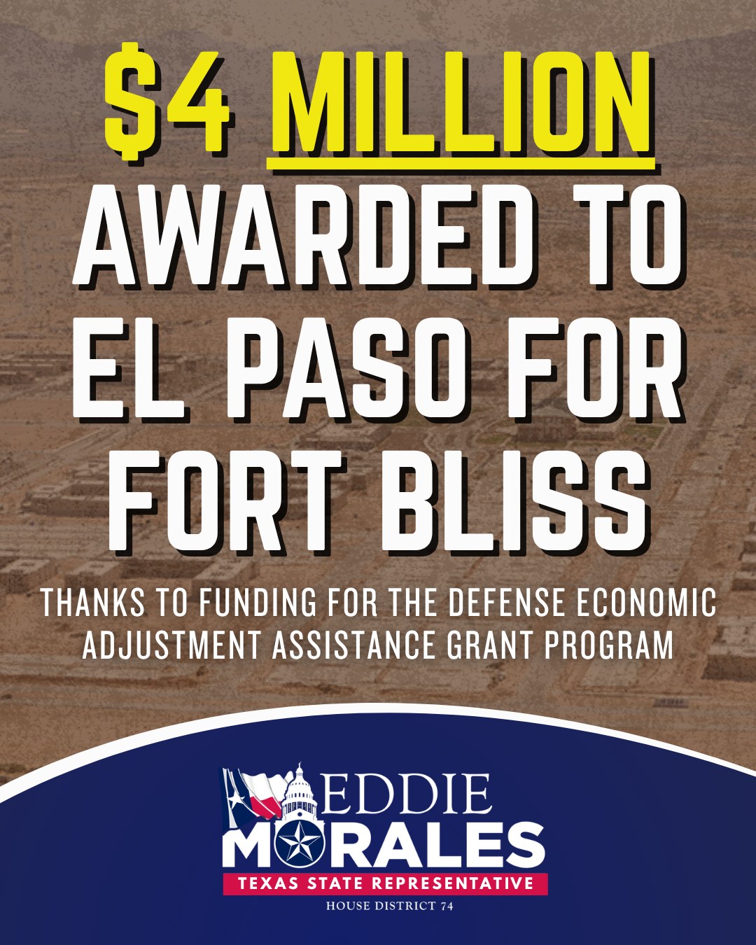 This session, I was proud to support $30 million in funding to the Defense Economic Adjustment Assistance Grant (DEAAG) program to ensure our military communities across Texas and HD74 are equipped with the resources they need.
This past week, Governor Abbott announced $4 million in funding to the City of El Paso for Fort Bliss from this program to increase water production capacity at the Kay Bailey Hutchison Desalination Plant! As your State Representative, I will always fight for our military communities and return tax dollars back into our communities!