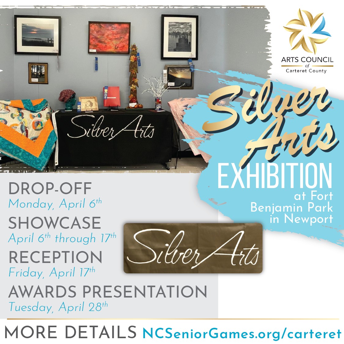 🖼️ Showcase opening soon! Be sure not to miss the Silver Arts Exhibition - opening next week at Fort Benjamin Park in Newport! 🎨
The Silver Arts is a celebration of creative expression of for anyone 50 years of age or
older. It provides a stage for visual, heritage, literary and performing artists. The Silver Arts exhibition last year had several local artists go on to exhibit at the state level.
Categories include the Heritage arts, such as quilting, knitting, jewelry, wood working, and pottery, the Visual arts such as acrylics, watercolor, oils, sculpture, general crafts, and the Literary arts.
⭐️ Drop-off for those who have registered for Silver Arts is April 6th
⭐️ Silver Arts Showcase open April 6-17
⭐️ Silver Arts Reception April 17th
⭐️ Finale and awards presentation April 28th
More information can be found at NCSeniorGames.org/carteret
.