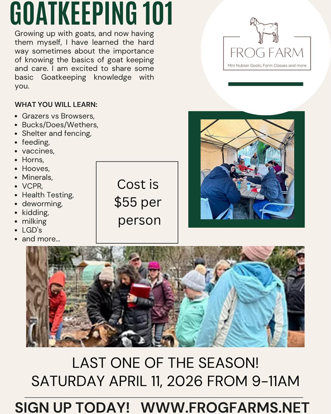 Last chance for the season! Palo Cedro CA -Goatkeeping 101 sign up now-https://www.frogfarms.net/goatkeeping101 "We are thankful for the class that Lorene offered. The knowledge she shared with us through her experience was much appreciated. There was a lot we did not know. We feel better prepared to buy goats, know how to take care for them, and even what to keep watch for in making sure our goats live a happy healthy life. I highly recommend this class if you are looking to purchase goats or even if you own goats but feel you need more information on how to properly care for them."
B. and R. Day