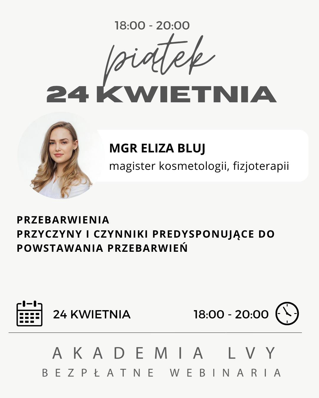 Przebarwienia – strategia redukcji
Czy wiesz, że rozjaśnianie przebarwień bez zrozumienia ich przyczyny często kończy się nawrotem?
24 kwietnia skupimy się na definicji, etiologii i najczęstszych typach hiperpigmentacji w gabinecie kosmetologicznym.
Omówimy kierunki terapii, skuteczne substancje aktywne, zabiegi LVY oraz terapie skojarzone.
Otrzymasz także schemat Beauty Planu w perspektywie długofalowej współpracy z Klientem.
Bo w pracy z pigmentacją liczy się konsekwencja i precyzja.
@fizjo.kosmetolog
