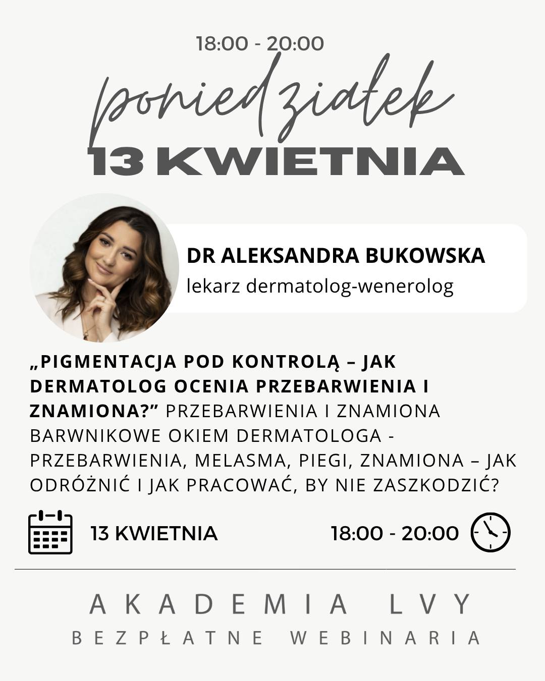 Pigmentacja pod kontrolą – okiem dermatologa
Czy wiesz, że nie każde przebarwienie nadaje się do rozjaśniania, a nie każde znamię wolno dotykać zabiegiem?
13 kwietnia spojrzymy na pigmentację z perspektywy dermatologa.
Nauczysz się odróżniać melasmę, PIH, lentigo czy piegi – oraz rozpoznawać zmiany, które powinny zapalić czerwoną lampkę.
Porozmawiamy o dermatoskopii, przeciwwskazaniach do zabiegów, strategiach redukcji przebarwień oraz o tym, jak pracować laserem, kwasami i retinoidami, by nie wywołać efektu odwrotnego do zamierzonego.
To wiedza, która chroni Twojego Klienta – i Ciebie.
@lek.dermolka