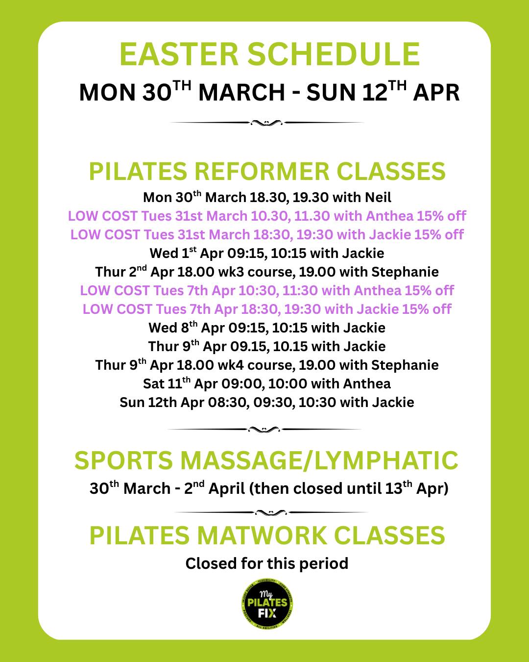 Easter 'skeleton' schedule attached starts today + a few private Pilates sessions available with Neil next week. Book via our website or the Momence app.
#reformerpilatesstudio #pilatesstudios #privatereformer #pilatesforspinehealth #lymphaticdrainagemassage #softtissuetherapy