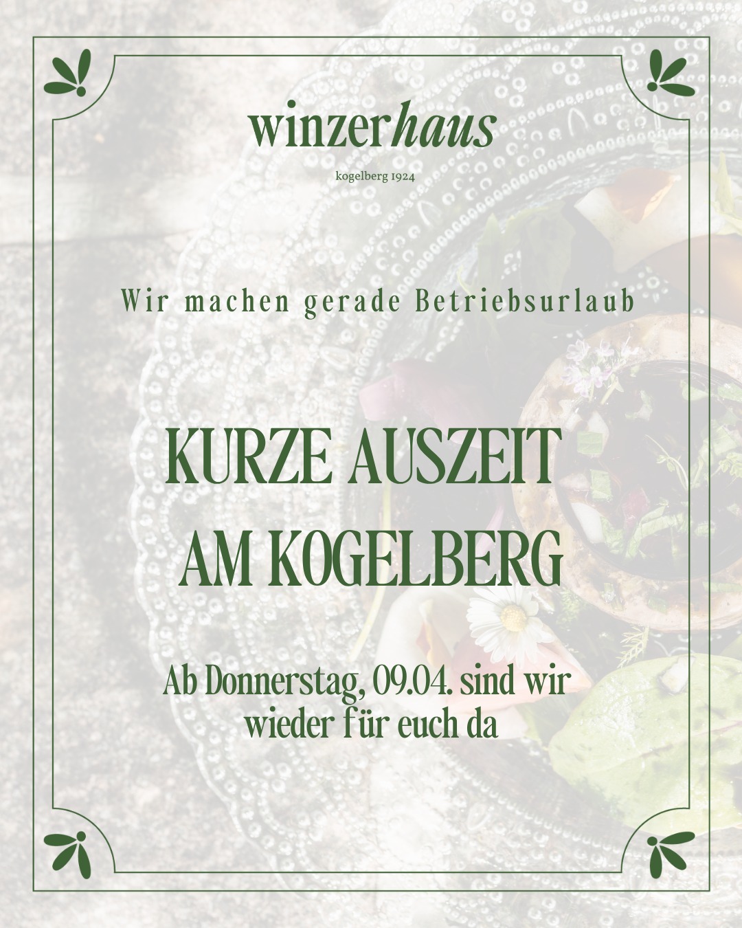 KURZE AUSZEIT AM KOGELBERG 🌿
Wir machen gerade Betriebsurlaub. Ab Donnerstag, 09.04. sind wir wieder für euch da – mit Aussicht, ehrlicher Küche und vielen genussvollen Momenten.
Bis dahin wünschen wir euch schöne Ostern und eine genussvolle Zeit. 🐣🌿
Wir freuen uns auf euch.