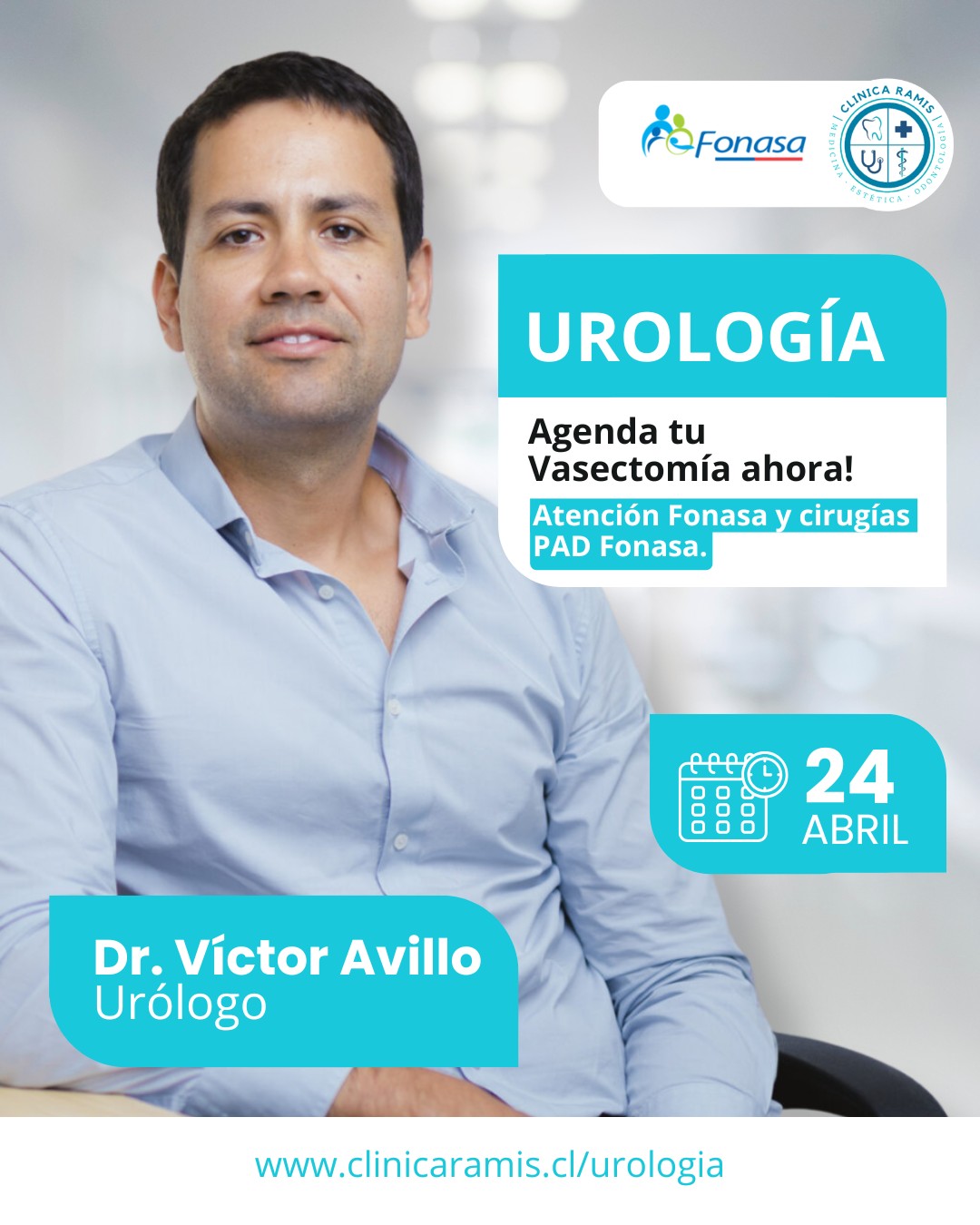 NUEVO URÓLOGO EN CLÍNICA RAMIS 🚨
Atención con especialista y cirugías PAD Fonasa disponibles
Este 24 de abril se integra a nuestro equipo el Dr. Víctor Avillo, médico cirujano de la Universidad de Chile y especialista en Urología de la Universidad de Santiago de Chile, con experiencia en centros de salud de alto nivel.
Actualmente se desempeña como urólogo en:
• Hospital Metropolitano de La Florida
• Clínica RedSalud Providencia
• Clínica RedSalud Vitacura
En Clínica Ramis realizará evaluación urológica y cirugías a través de Bono PAD Fonasa, facilitando el acceso a tratamientos resolutivos.
Cirugías disponibles:
✔️ Vasectomía
✔️ Varicocele
✔️ Evaluación urológica
✔️ Resolución quirúrgica con PAD Fonasa
📅 Atención: 24 de abril
🏥 Clínica Ramis
📌 Cupos limitados
Agenda tu hora con anticipación.