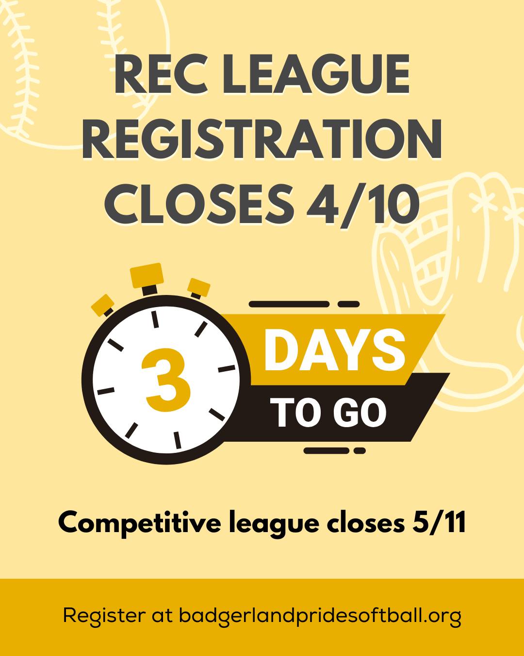 April 10th is the final day of registration for our recreational league! 🥎 This is the LAST day to guarantee you get a t-shirt! ‼️
Competitive league registration closes 5/11 🗓
Register at badgerlandpridesoftball.org 📝