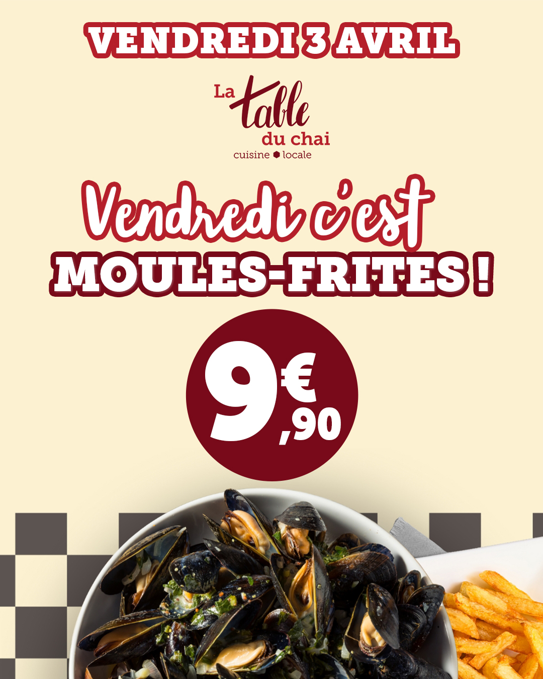 🍟MOULES FRITES🍴
Ce vendredi c'est Moules frites ! Ne les manquez elles sont à seulement 9€90 ! 😋
Venez vous régalez comme il se doit pour démarrer cette saison estivale 🌞
#latableduchai #moulesfrites #cuisinelocale #été #cuisine