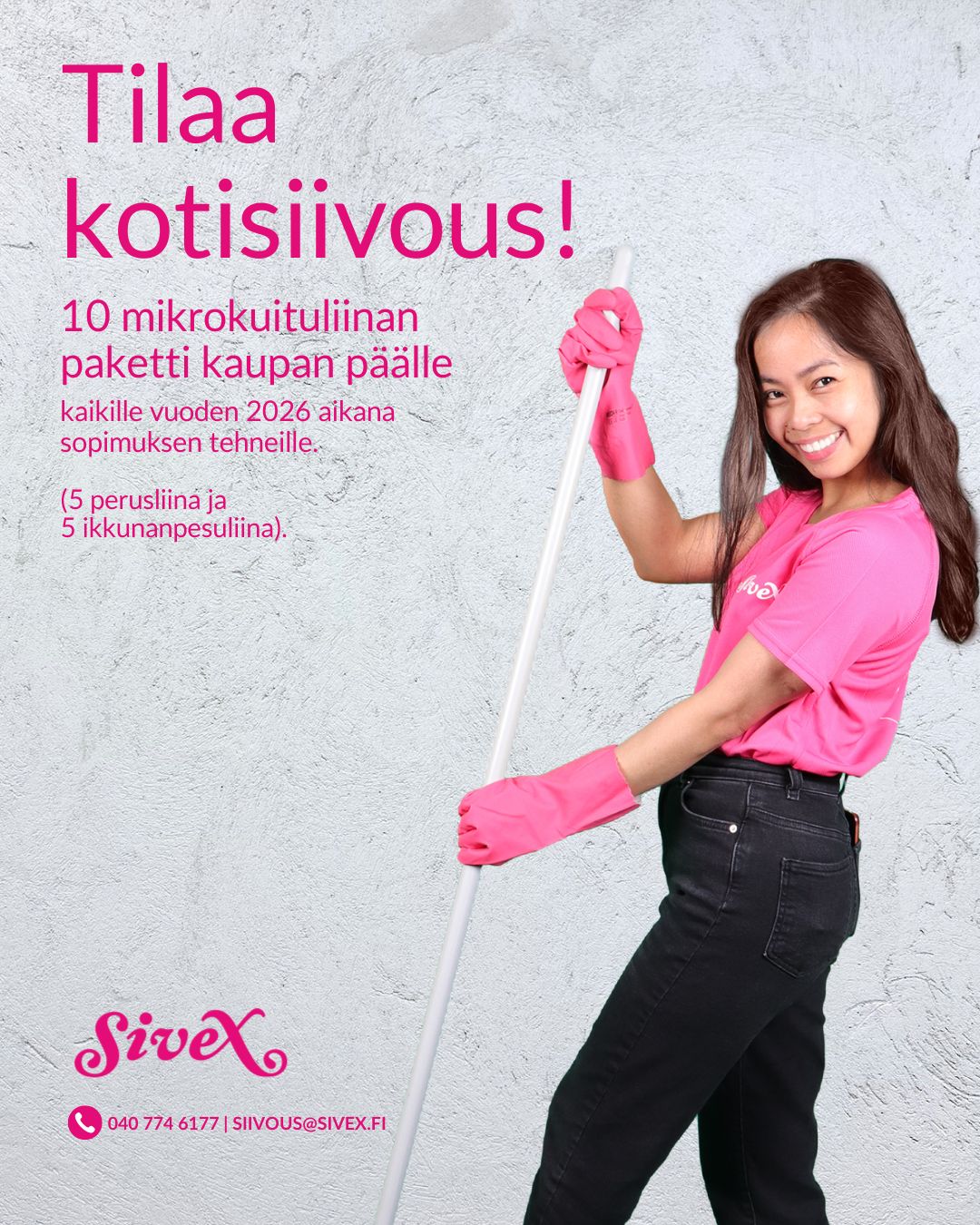 Sivex on pitänyt kodit kiiltävänä jo yli 20-vuoden ajan! ✨
Jokainen koti on uniikki ja juuri siksi siivouspalvelut räätälöidään aina juuri sinun tarpeisiisi sopiviksi.
Tilaa kotisiivous helposti sivuiltamme ✨
https://www.sivex.fi/yhteystiedot
