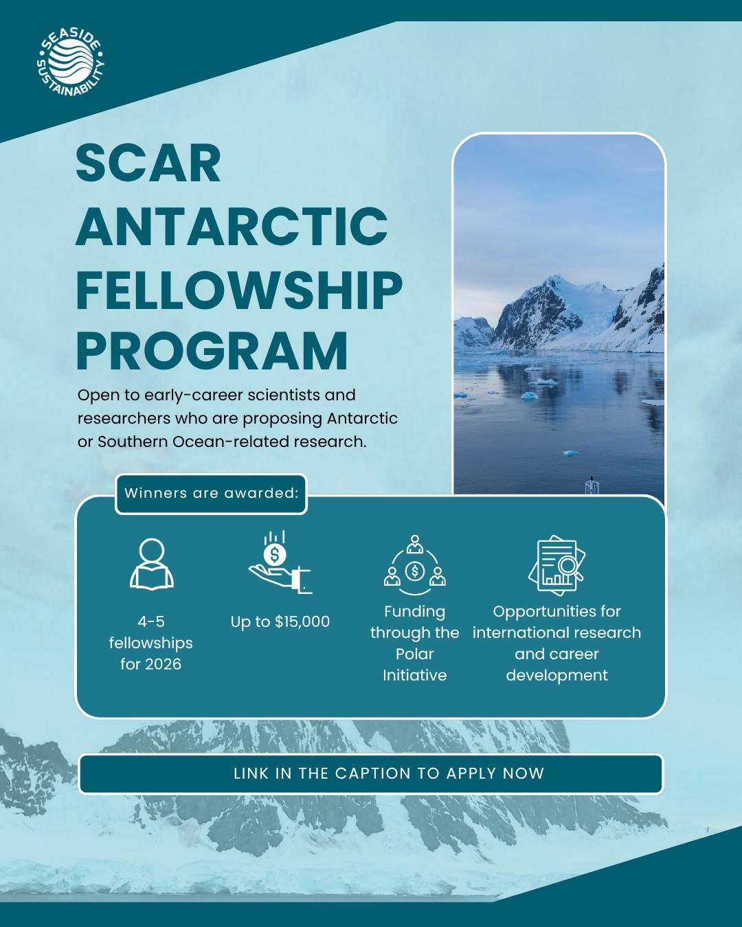 SCAR launched its 2026 Antarctic Fellowship Program!
Winners receive:
🌎 Opportunities for international research, career development, and fellowships
💵Up to $15,000
🌐Funding through the Polar Initiative
If you are a scientist or researcher proposing Antarctic or Southern Ocean-related research, consider applying at:
https://scar.org/fellowships-awards/fellowships/information
#seasidesustainability #fellowship #oppotunity