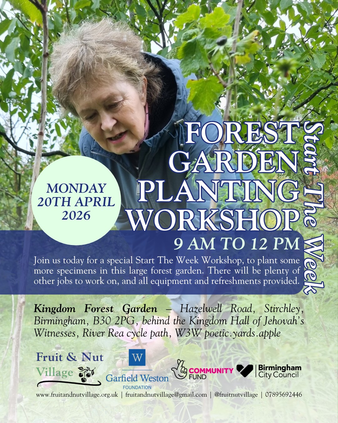 Start The Week: Forest Garden Planting Workshop
Monday 20th April 2026 | 9 am to 12 pm
Join us today for a special Start The Week Workshop, to plant some more specimens in this large forest garden. There will be plenty of other jobs to work on, and all equipment and refreshments provided.
Kingdom Forest Garden – Hazelwell Road, Stirchley, Birmingham, B30 2PG, behind the Kingdom Hall of Jehovah’s Witnesses, River Rea cycle path, W3W poetic.yards.apple
