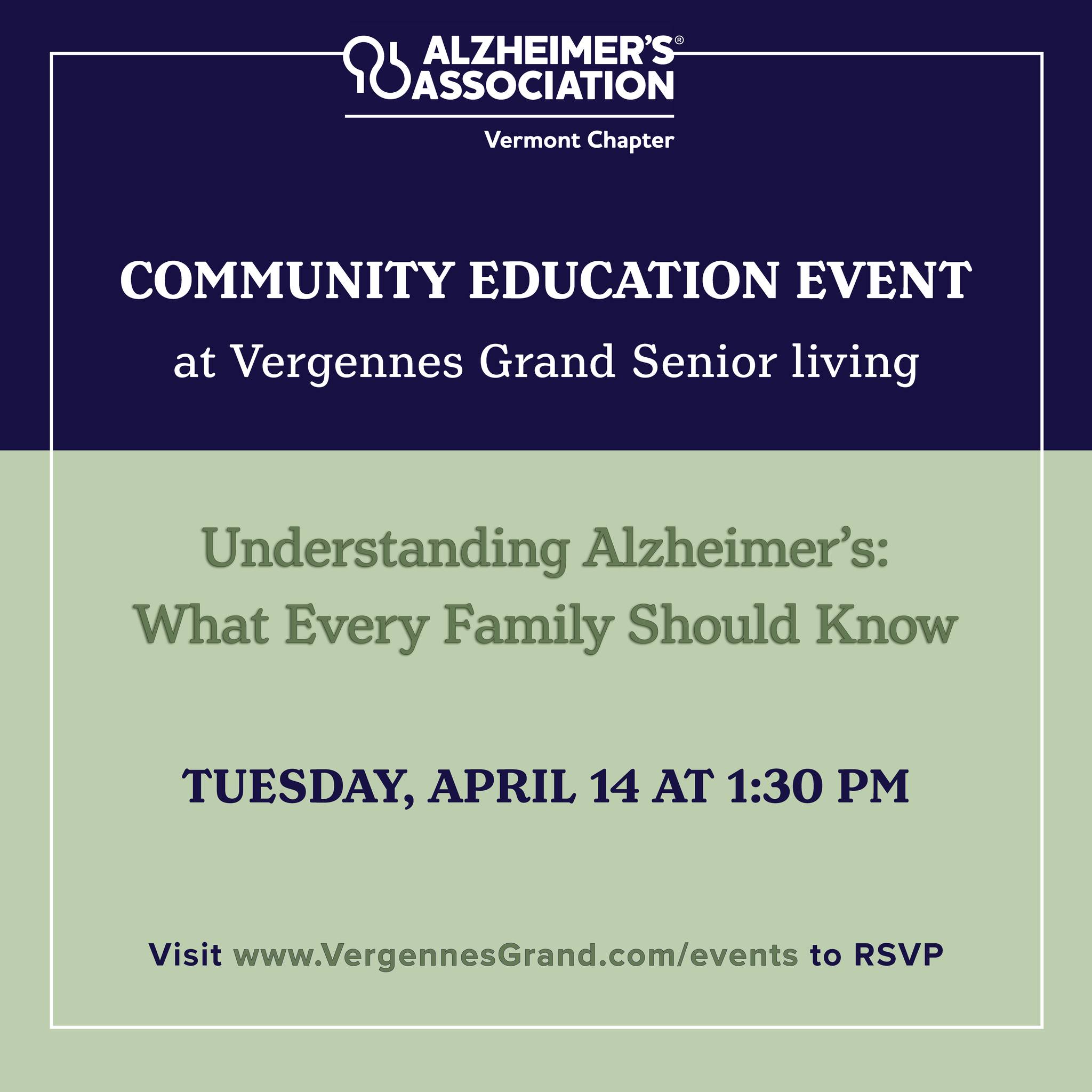 🧠 Good things are happening at Vergennes Grand this April.
The Alzheimer's Association – Vermont Chapter is joining us on Tuesday, April 14 at 1:30 PM for "Understanding Alzheimer's: What Every Family Should Know", a free, compassionate presentation led by Senior Program Manager Jo Cotto.
You'll learn about:
✔️ Effective Communication Strategies for those living with dementia
✔️ The 10 Warning Signs of Alzheimer's and when to talk to a doctor
Whether you're a caregiver, a family member, or simply want to be informed, this one is for you. Free and open to the public.
👉 RSVP at www.VergennesGrand.com/events
🎵 And later that week, join us for Blues Night on April 16 with live acoustic music from Rehab Roadhouse, at 6 PM. Visit www.VergennesGrand.com/events for details!
#AlzheimersAwareness #VergennesGrand #VermontEvents #CommunityEvents #lifeisgrandhere #SeniorLiving #GSLCommunities #VergennesVT #vergennes