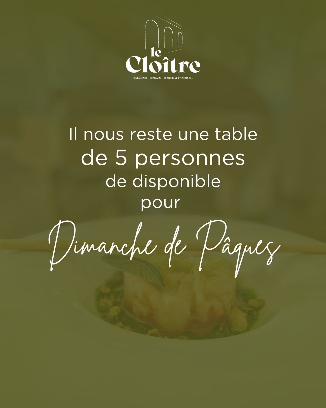 🐣✨ PÂQUES – LA DERNIÈRE TABLE DISPONIBLE ! ✨🐣
Suite à un désistement, il nous reste UNE SEULE ET DERNIÈRE TABLE de 5 à 6 personnes maximum pour le dimanche 5 avril 🍽️
👉 Une belle occasion à saisir… mais ne tardez pas !
🌸 Pour célébrer Pâques, nous vous proposons un :
Menu unique à 48€
🥂 Coupe de crémant offerte
🍴 Menu :
Asperge de sable rôtie, crème onctueuse foie gras & truffe, tuile de pavot
Au choix :
• Pavé d’ombre chevalier au vinaigre de cassis, duo de mousseline
ou
• Carré d’agneau à l’ail noir, écrasé de pommes de terre fumées, jus réduit
Dôme chocolat, cœur noisette & sorbet cacao maison
🥂 La coupe de crémant est offerte et peut être dégustée à l’apéritif ou au dessert
🍷 Carte des vins et boissons disponible selon les tarifs habituels
⚠️ Plus qu’une seule table disponible → premiers arrivés, premiers servis !
📞 Réservation indispensable au 03 85 89 18 91
On vous attend pour un moment gourmand et convivial 💛
#RestaurantDeCharme #Gastronomie #LeCloître #Terroir #NouvelleExpérience #SaoneEtLoire #BourbonLancy #CuisineFrançaise #NouvelleCarte #Saveurs #CuisineDeSaison #route71 #restaurantducloitre #bourgogne #destinationsaonetloire #bourbonlancy #charolaisbrionnais