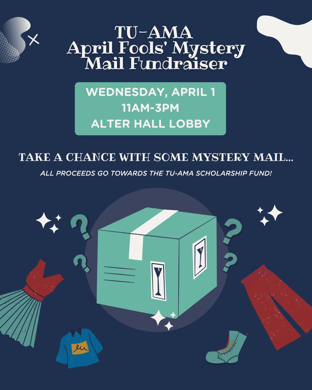 🎭✨ Mystery Mail is Here… Just in Time for April Fools' Day!
Purchase a Mystery Mail and we’ll deliver a surprise that could be sweet, funny, or totally unexpected 👀💌
Join us for our Mystery Mail Fundraiser and help support the TU-AMA Scholarship Fund while spreading a little fun around campus🤭
📍 Alter Hall Lobby
🗓 Wednesday, April 1
⏰ 11 AM – 3 PM
Don’t miss out—stop by and grab yours! 🎉📬