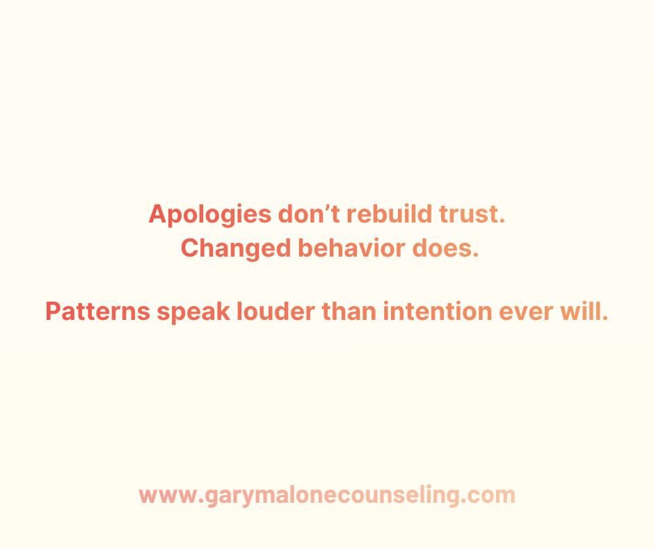Apologies don’t rebuild trust.
Changed behavior does.
Most couples aren’t stuck because they don’t care.
They’re stuck because they’ve confused words with repair.
“I’m sorry” matters. It should be said. It should be felt.
But if nothing actually shifts after it… your partner’s nervous system doesn’t register safety.
It registers a pattern.
And patterns speak louder than intention ever will.
If I say “I’m sorry” but show up the exact same way next week…
I didn’t repair anything.
I just bought more time.
That’s the part people don’t want to look at.
Because it forces a harder question:
Am I actually changing… or am I just trying to keep the relationship from falling apart?
Healthy relationships don’t require perfection.
They don’t require getting it right every time.
But they do require evidence.
Evidence that you’re paying attention.
Evidence that you’re interrupting the old pattern.
Evidence that your partner isn’t crazy for wanting something different.
Because trust isn’t rebuilt through promises.
It’s rebuilt through repetition… of something new.