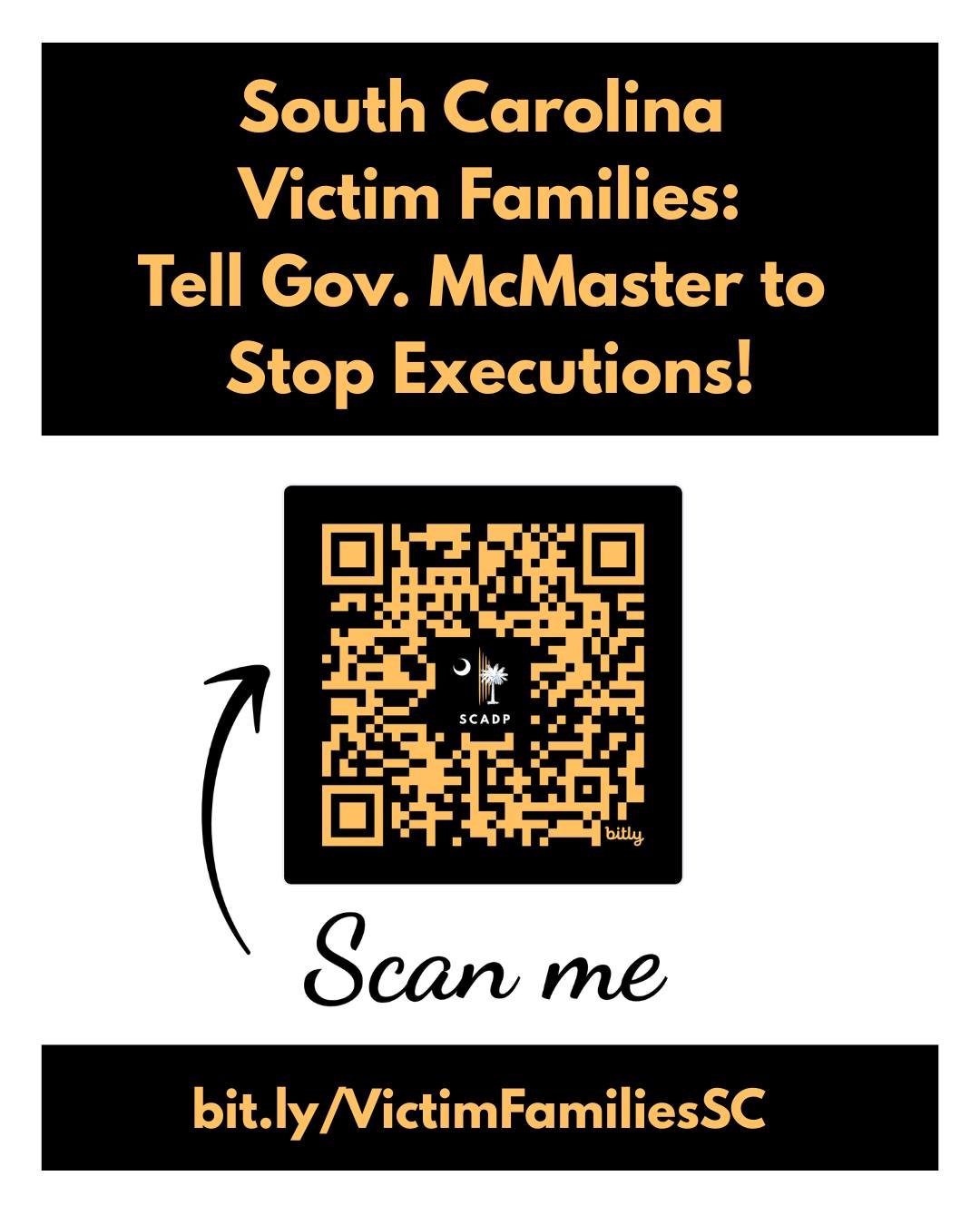 As SCADP works to abolish the death penalty, we are advocating for more robust support of victim families and survivors of violence.
If you are a murder victim family member or a survivor of violence with connections to South Carolina, SCADP invites you — only if and when it feels right — to read and sign our letter to Governor Henry McMaster urging him to end the death penalty in our state.
If you do not have this lived experience but know someone with South Carolina connections who has survived violence or lost a loved one to homicide, we encourage you to forward this post to them.
Click the link below or go to bit.ly/VictimFamiliesSC to sign the letter!
