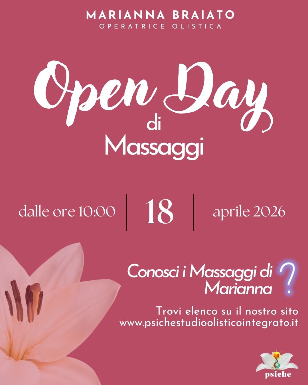 ✨ 𝗢𝗣𝗘𝗡 𝗗𝗔𝗬 – 𝗠𝗮𝘀𝘀𝗮𝗴𝗴𝗶 ✨
Una giornata dedicata a Te, al tuo corpo e al tuo benessere.
Marianna Braiato - Operatrice del Benessere aprirà le porte del suo Studio Quintessenza a Psiché, per farti conoscere da vicino il suo modo di lavorare: un approccio che unisce tecniche corporee, ascolto profondo e visione olistica della persona.
💫 𝘋𝘶𝘳𝘢𝘯𝘵𝘦 𝘭’𝘖𝘱𝘦𝘯 𝘋𝘢𝘺 𝘱𝘰𝘵𝘳𝘢𝘪:
• 𝘳𝘪𝘤𝘦𝘷𝘦𝘳𝘦 𝘮𝘪𝘯𝘪 𝘵𝘳𝘢𝘵𝘵𝘢𝘮𝘦𝘯𝘵𝘪 𝘥𝘪 𝘮𝘢𝘴𝘴𝘢𝘨𝘨𝘪𝘰
• 𝘧𝘢𝘳𝘦 𝘥𝘰𝘮𝘢𝘯𝘥𝘦 𝘦 𝘤𝘰𝘯𝘰𝘴𝘤𝘦𝘳𝘦 𝘪 𝘱𝘦𝘳𝘤𝘰𝘳𝘴𝘪 𝘥𝘪𝘴𝘱𝘰𝘯𝘪𝘣𝘪𝘭𝘪
• 𝘦𝘯𝘵𝘳𝘢𝘳𝘦 𝘪𝘯 𝘤𝘰𝘯𝘵𝘢𝘵𝘵𝘰 𝘤𝘰𝘯 𝘶𝘯𝘰 𝘴𝘱𝘢𝘻𝘪𝘰 𝘱𝘦𝘯𝘴𝘢𝘵𝘰 𝘱𝘦𝘳 𝘪𝘭 𝘵𝘶𝘰 𝘦𝘲𝘶𝘪𝘭𝘪𝘣𝘳𝘪𝘰
• 𝘢𝘤𝘤𝘦𝘥𝘦𝘳𝘦 𝘢𝘥 𝘶𝘯𝘢 𝘱𝘳𝘰𝘮𝘰𝘻𝘪𝘰𝘯𝘦 𝘦 𝘱𝘦𝘳𝘴𝘰𝘯𝘢𝘭𝘪𝘻𝘻𝘢𝘻𝘪𝘰𝘯𝘦 𝘱𝘦𝘳 𝘱𝘢𝘤𝘤𝘩𝘦𝘵𝘵𝘪
𝙉𝙤𝙣 𝙚̀ 𝙨𝙤𝙡𝙤 𝙪𝙣 𝙢𝙖𝙨𝙨𝙖𝙜𝙜𝙞𝙤…
è un momento per fermarti, respirare e ascoltarti davvero.
🌿 Se senti il bisogno di rallentare, sciogliere tensioni e ritrovare centratura, questo è il momento giusto per iniziare.
📍 Posti limitati – prenotazione necessaria
📩 Scrivici in privato per info e orari
35348209
Ti aspettiamo