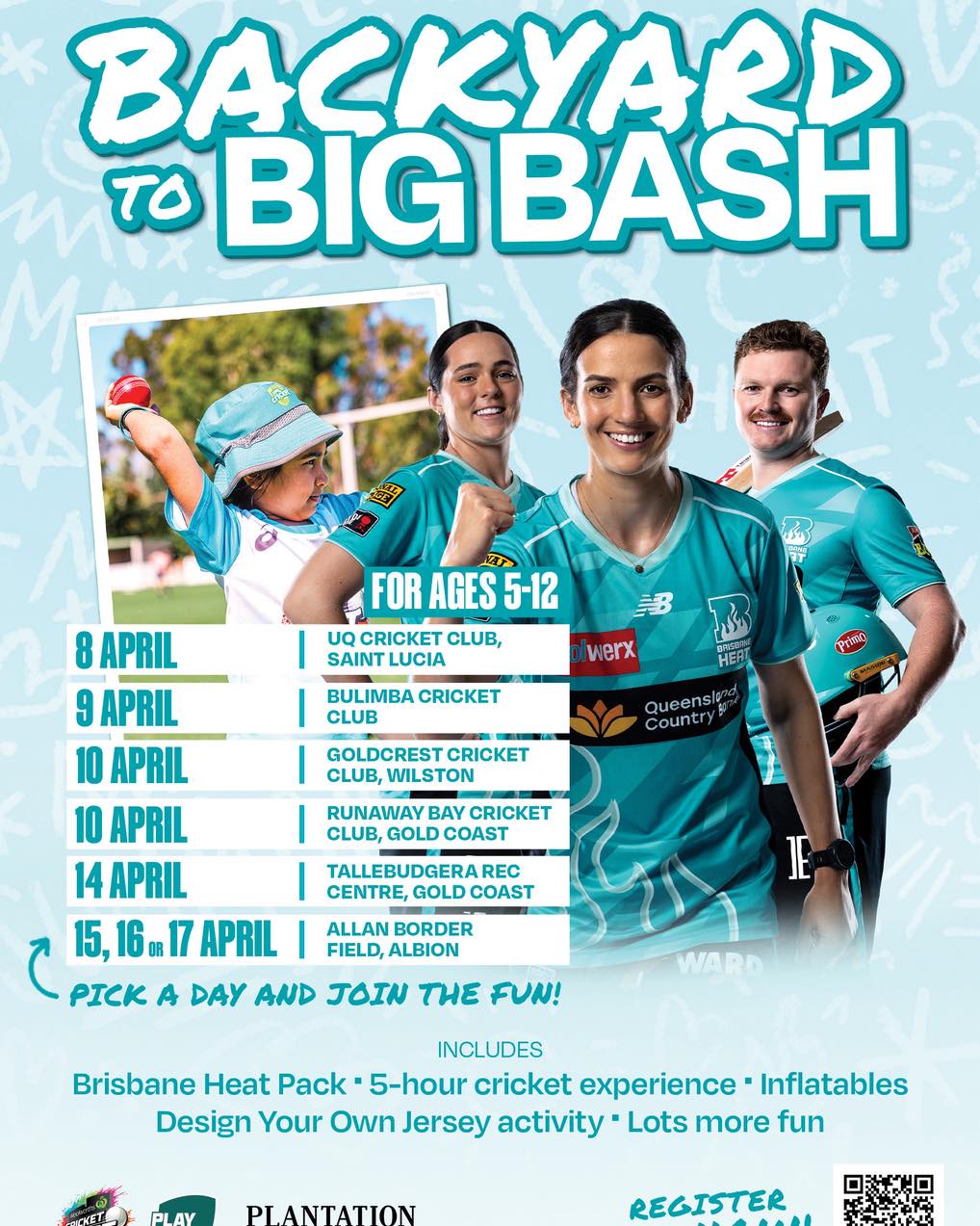 🌟 BACKYARD TO BIG BASH! 🌟
Got a cricket‑loving kid aged 5–12? This school holidays just got BIG 🏏🔥
Join the Backyard to Big Bash holiday clinics these April holidays for fun‑filled cricket activities inspired by the Big Bash!
✅ Brisbane Heat pack
✅ 5‑hour cricket experience
✅ Inflatables + games
✅ Design your own jersey
✅ SO much fun!
📍 Multiple locations across SEQ
📅 April school holidays
👉 Pick a day and join the fun!
🔗 Register now: play.cricket.com.au
#BackyardToBigBash #PlayCricket #JuniorCricket #SchoolHolidayFun #HaveAGo #BigBashInspired