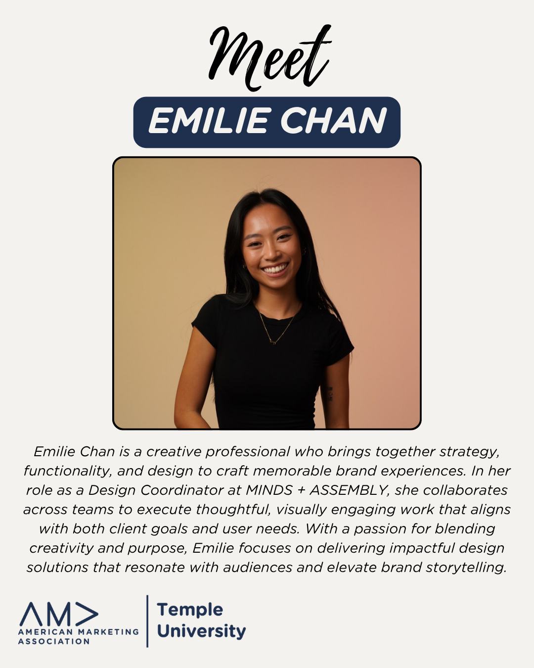 🚨 Today’s the day!
Join us in Alter LL35 from 12–12:50 PM as we welcome Emilie Chan! She will share her insight on being a Design Coordinator at MINDS + ASSEMBLY.
Don’t miss it!