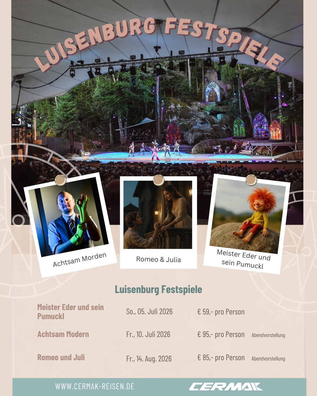 🎭✨ Luisenburg Festspiele 2026 – Ein unvergesslicher Sommer! ✨🎭
Erleben Sie magische Theatermomente unter freiem Himmel auf der einzigartigen Naturbühne der Luisenburg! 🌲🌄
Freuen Sie sich auf drei besondere Highlights:
🎨 Achtsam Morden – spannend & überraschend
💔 Romeo & Julia – der Klassiker voller Gefühl
🧡 Meister Eder und sein Pumuckl – Spaß für die ganze Familie
📅 Termine:
• 05. Juli 2026 – Meister Eder & Pumuckl
• 10. Juli 2026 – Achtsam Morden (Abendvorstellung)
• 14. August 2026 – Romeo & Julia (Abendvorstellung)
Sichern Sie sich jetzt Ihre Plätze und genießen Sie Kultur in einzigartiger Naturkulisse! 🌿🎟️
👉 Jetzt buchen: www.cermak-reisen.de
#LuisenburgFestspiele #TheaterSommer #KulturErleben #CermakReisen #Freilichtbühne #SommerHighlights