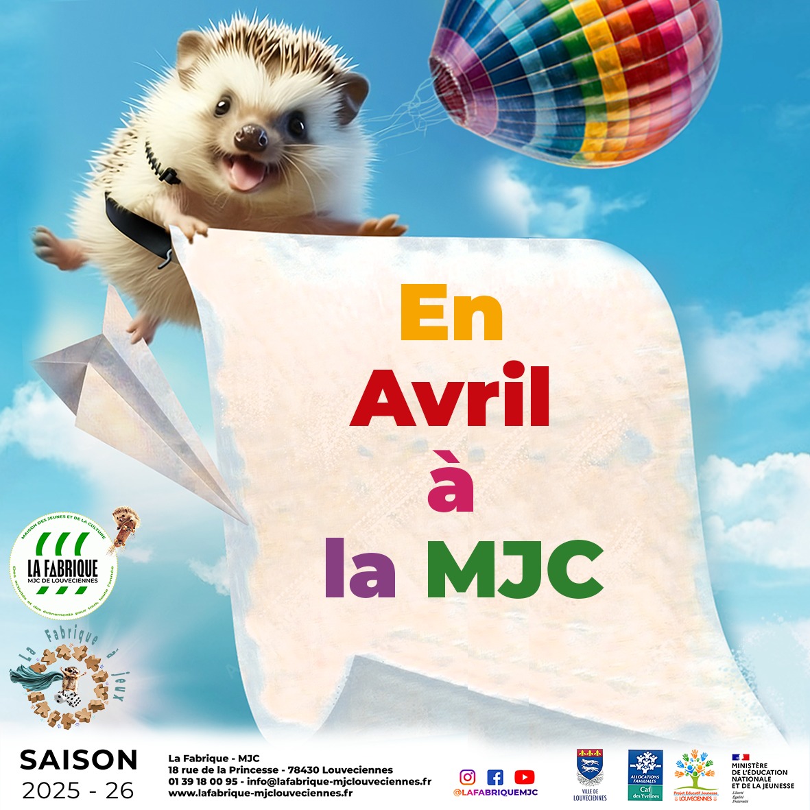⭐Ce mois-ci à la Fabrique MJC !⭐
🎮SOIRÉE ADOS
Vendredi 3 avril de 19h30 à 22h
Tournois FIFA et cuisine de chocolats !
Ados - Sur inscription.
🎲SOIRÉE JEUX
Vendredi 10 avril de 19h30 à 23h
Skyjo, 7 Wonders, les Aventuriers du Rail… Ces noms vous disent quelque chose ? Venez les tester ainsi que plein d’autres parmi la centaine de jeux de notre collection !
Ados/adultes
Gratuit - Entrée libre
🎸 SEMAINE DE JEU COLLECTIF
Du mardi 14 au vendredi 17 avril
Cette semaine, à la place de leurs cours habituels, les élèves
musiciennes et musiciens de la Fabrique viennent s'entraîner au jeu en
groupe ! Adhérents musique de la Fabrique
🪘 BOEUF SAUVAGE
Vendredi 17 avril à 20h30
Le retour de la jam session de Louveciennes ! Musiciens ou non, venez pour monter sur scène ou apprécier de la bonne musique en live.
Ados/adultes
Gratuit - Entrée libre
⚽🎭 SEMAINE SPORTIVE ET CULTURELLE
Du 20 au 24 avril 2026 - De 10 à 14 ans
Les associations et la ville de Louveciennes se mobilisent pour proposer à vos ados une semaine de découvertes et d’expérimentation en collectivité !