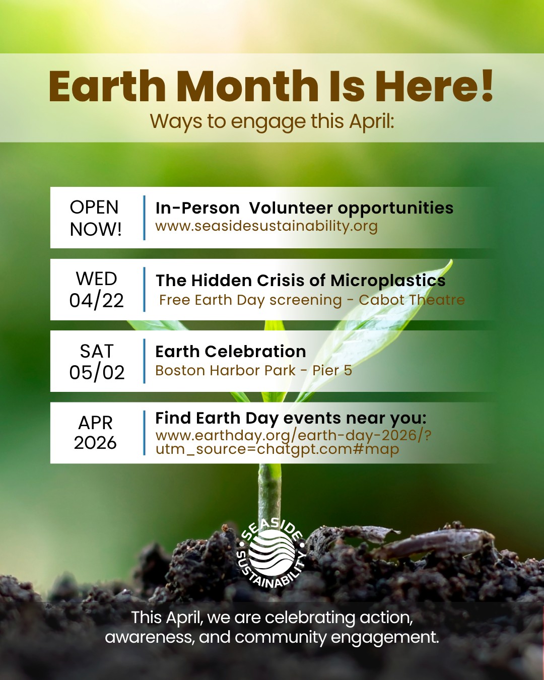 Join us in celebrating Earth Month through local events, education, and community engagement. Together, small actions can lead to meaningful change. 🌎
#seasidesustainability #earthmonth2026 #EarthDay #protectourearth
