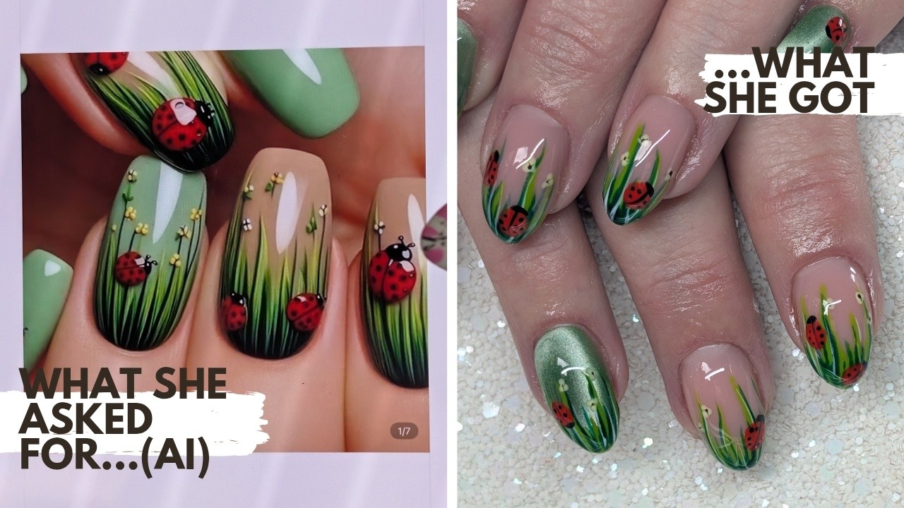 How'd I do?
In a time where AI is dominating our clients inspiration, it can sometimes be difficult to achieve clients desired look. I think I 'NAILED' this one 🤭😂 but this isn't always the case
If a client hands you AI inspiration:
Manage client expectations - explain what you can achieve Vs computer generated versions
Educate clients on how to spot AI - smooth skin, extra fingers, thumbs instead of fingers, nail designs being upside down on one hand but the right way on another etc
Be honest if its outside your skill level, tell your clients - we are not robots or computers we are human with finite skills and this is OK! #aiartwork