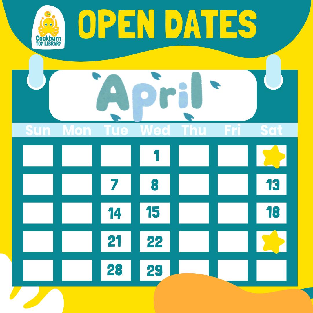 Here's the calendar for April, please note we are closed on the 4th and the 25th for Easter and Anzac day respectively.