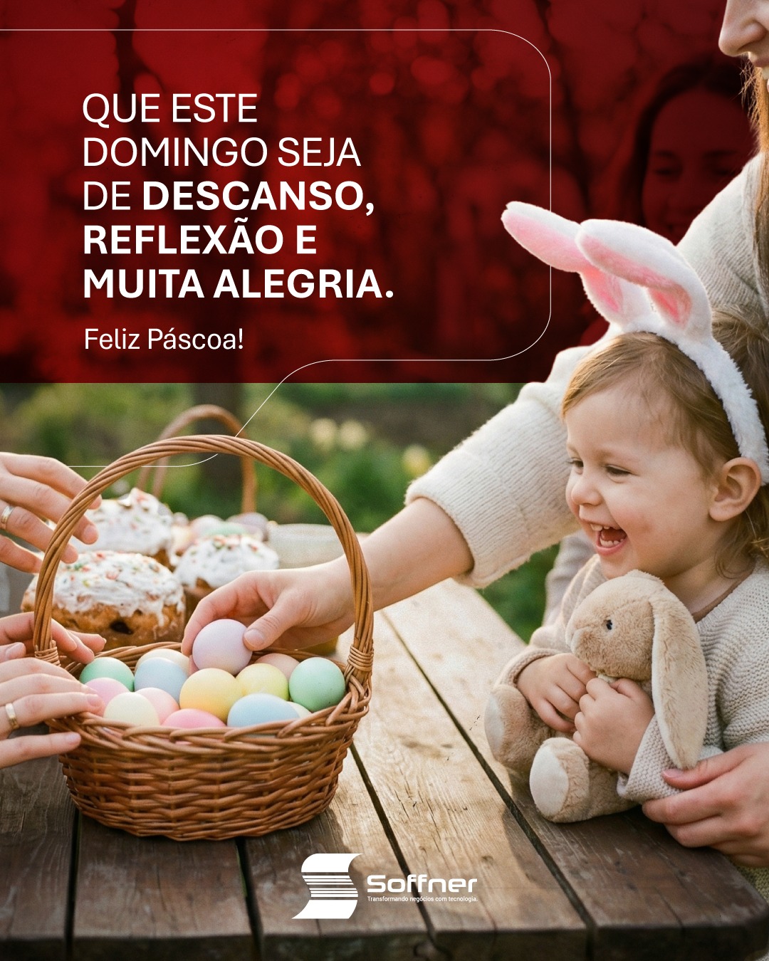 A Páscoa é tempo de renovar as esperanças e fortalecer os laços com quem amamos. Que este domingo seja de descanso, reflexão e muita alegria ao lado de sua família e amigos.
Desejamos a todos os nossos clientes e amigos uma Páscoa doce e inspiradora!