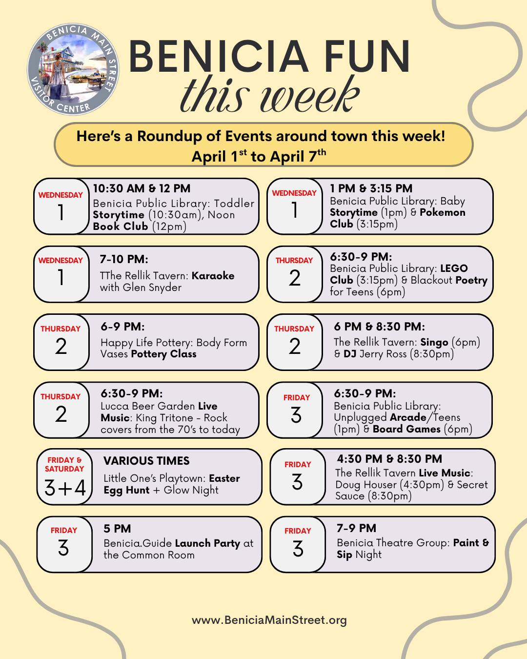 Did we miss anything for this next week? ✨ Post in the comments!
-Benicia Public Library: Toddler Storytime (10:30am), Noon Book Club (12pm) , (Apr 1)
- Benicia Public Library: Baby Storytime (1pm) & Pokemon Club (3:15pm) (Apr 1)
- The Rellik Tavern: Karaoke with Glen Snyder (Apr 1, 7-10pm)
- Benicia Public Library: LEGO Club (3:15pm) & Blackout Poetry for Teens (6pm), (Apr 2)
- Happy Life Pottery: Body Form Vases (Apr 2, 6-9pm)
- The Rellik Tavern: Singo (6pm) & DJ Jerry Ross (8:30pm), (Apr 2)
- Lucca Beer Garden Live Music: King Tritone - Rock covers from the 70’s to today (April 2, 6:30-9pm)
- Benicia Public Library: Unplugged Arcade/Teens (1pm) & Board Games (6pm), (Apr 3)
- Easter Egg Hunt & Dance Party at Little One’s Playtown (Apr 3 & Apr 4)
- The Rellik Tavern Live Music: Doug Houser (4:30pm) & Secret Sauce (8:30pm), (Apr 3)
- Benicia.Guide Launch Party at the Common Room (Apr 3, 5pm)
- Benicia Theatre Group: Paint & Sip Night (Apr 3, 7-9pm)
- Lucca Beer Garden Live Music: Juan Escovedo All Stars Band (Apr 3, 6:30-9pm)
- The Elevate Company: Group Training Run + Yoga (Apr 4, 6:45am-9am)
- Ingbash Softball Tournament + Carnival, Food, Raffle & DJ (Apr 4, 8am-2:30pm)
- Coldwell Banker Solano Pacific: Free Pictures with the Easter Bunny & popcorn (Apr 4, 10am-1pm)
- Studio 24 Benicia Arsenal Workshop: Encaustic Painting with Angela White (Apr 4, 11am-3pm)
- Benicia Fermentory: Make Your Own Sauerkraut Class at New Harbor Community Church (Apr 4, 12-1pm)
- Museum of History Benicia: Easter Egg Hunt & Craft (Apr 4, 1-4pm)
- Benicia Public Library: Bedazzle a Book (Apr 4, 2-4pm)
- The Rellik Tavern Live Music: The Dynamic Duo (4:30pm) & Inverness95 (8:30pm), (Apr 4)
- Lucca Beer Garden Live Music: Camp Jeff (Jeff Campitelli & Tamelier) (apr 4, 6:30-9pm)
-Kiwanis Club of Benicia Easter Egg Hunt (Ages 2-8) at the Benicia City Park (Apr 5, 12pm)
- Lucca Beer Garden Live Music: Greg Rahn Band (Apr 5, 2:30-5:30pm)
- Benicia Public Library: Dungeons & Dragons & Doughnuts (10am) & Writers’ Salon (1:30pm), (Apr 6)
- Benicia Public Library: Sound Bath (11am) & First Tuesday Poetry Group (6:15pm), (Apr 7)