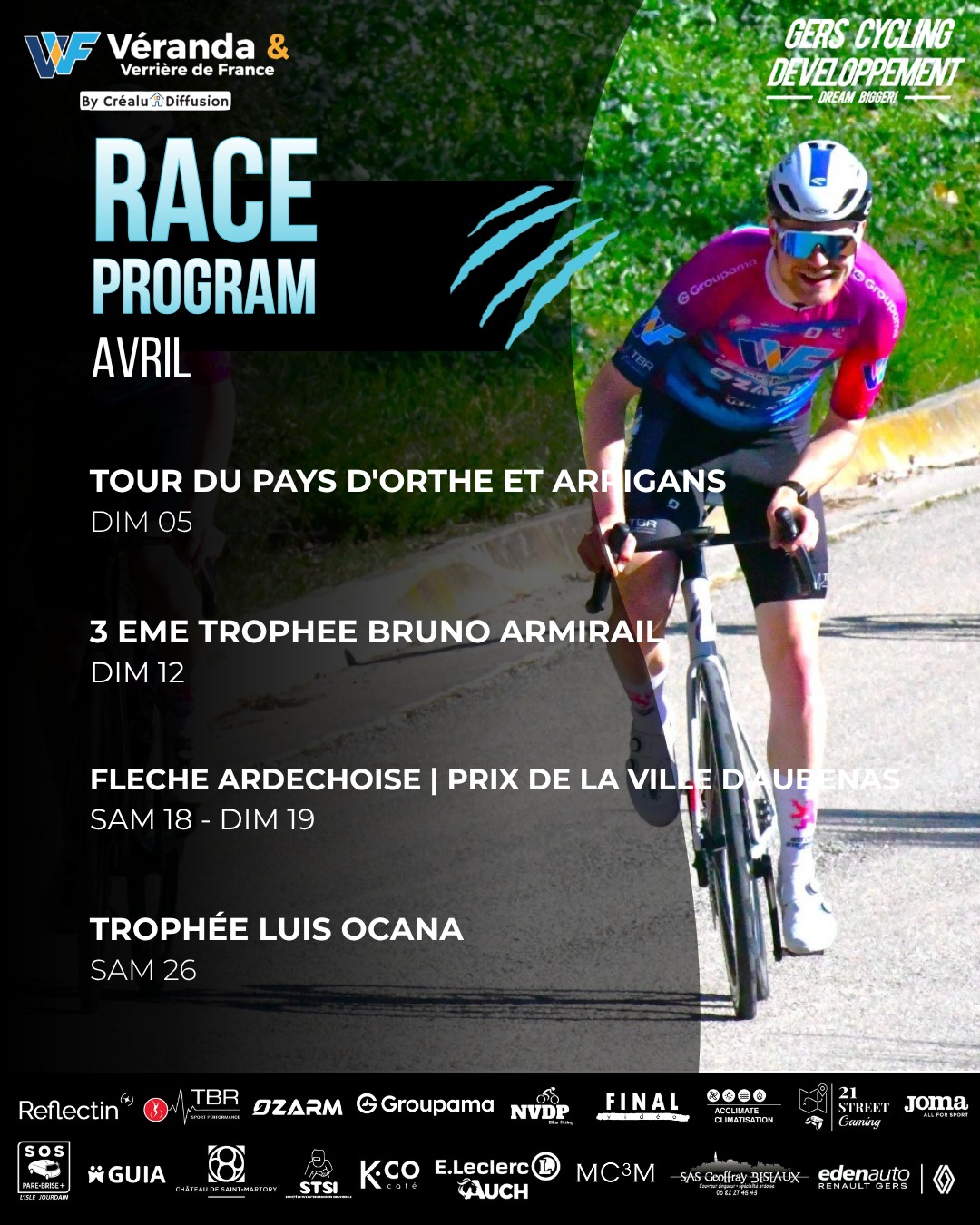 Avril est là. Et avec lui, les prochaines batailles. ⚔️🚴♂️
Le groupe est prêt.
Du travail, de la rigueur… et l’envie de se confronter à ce qui se fait de mieux.
Chaque course est une étape de plus dans la construction.
Chaque kilomètre compte.
On avance ensemble. Humblement. Sérieusement.
Mais avec une ambition claire : progresser, apprendre, performer.
🔥 On compte sur vous pour suivre et soutenir les gars tout au long du mois.
#GCD #DreamBigger #Cyclisme #Formation #espritequipe