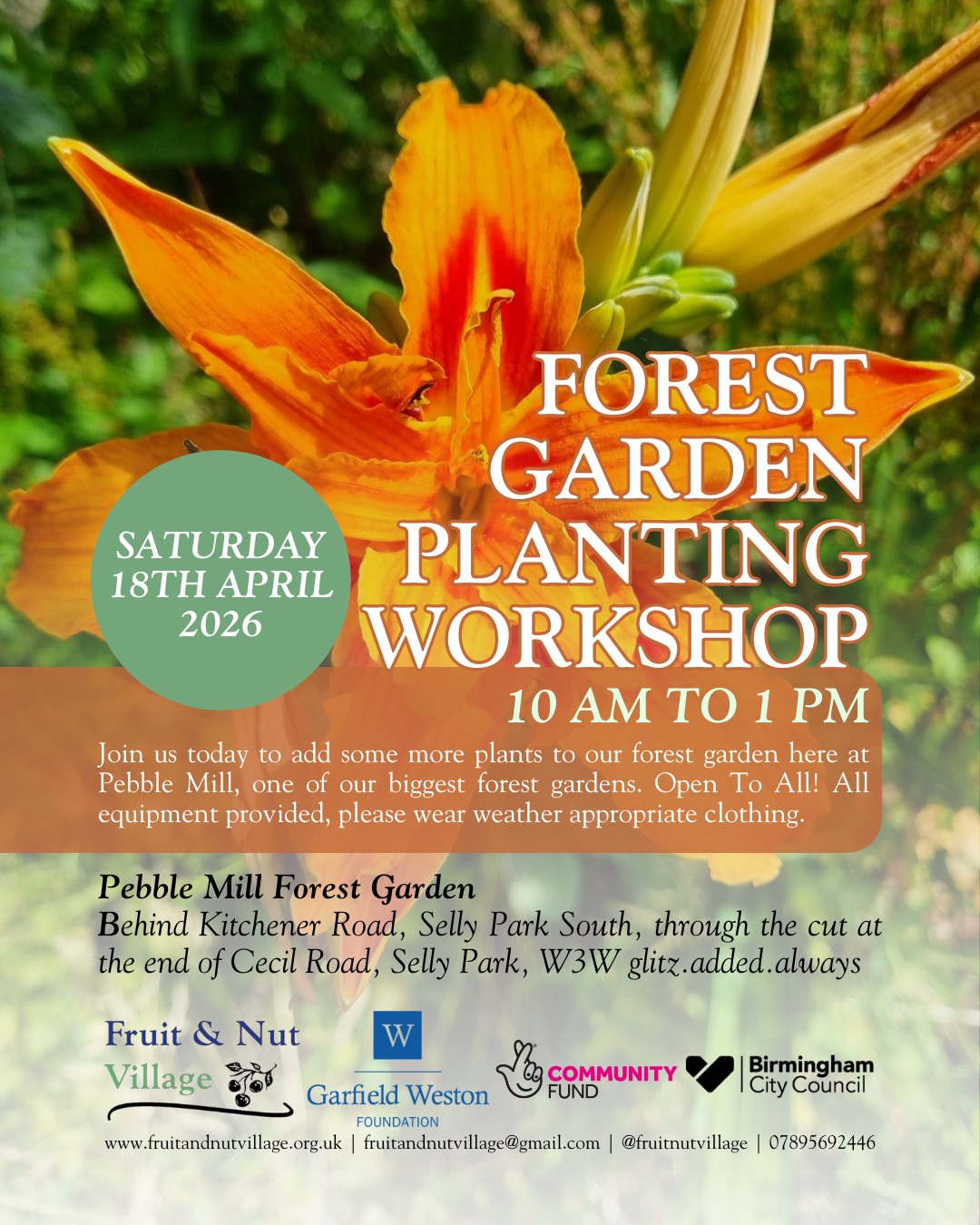 Forest Garden Planting Workshop
Saturday 18th April 2026 | 10 am to 1 pm
Join us today to add some more plants to our forest garden here at Pebble Mill, one of our biggest forest gardens. Open To All! All equipment provided, please wear weather appropriate clothing.
Pebble Mill Forest Garden: Behind Kitchener Road, Selly Park South, through the cut at the end of Cecil Road, Selly Park, W3W glitz.added.always