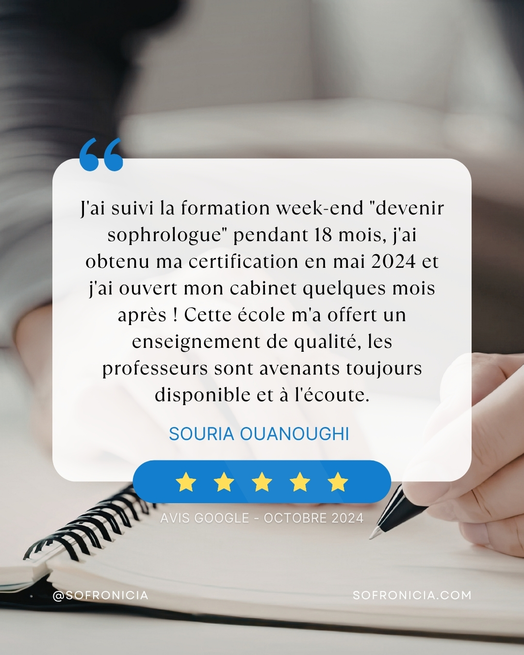 De la formation à l’ouverture de son cabinet — le parcours de Souria.
“Si vous souhaitez découvrir, apprendre, comprendre et pratiquer la sophrologie je vous conseille de vous adresser à l école de sophrologie SOFRONICIA. J'ai suivi la formation week-end "devenir sophrologue" pendant 18 mois, j'ai obtenu ma certification en mai 2024 et j'ai ouvert mon cabinet quelques mois après ! Cette école m'a offert un enseignement de qualité, les professeurs sont avenants toujours disponible et à l'écoute. Un grand merci à vous pour le travail que vous avez fait avec moi et qui a permis la concrétisation de mon projet. J'exerce aujourd'hui en tant que sophrologue.”
— Souria Ouanoughi, sophrologue diplômée de Sofronicia
Un très grand merci à elle pour son très beau retour concernant notre formation "Devenir sophrologue" qu'elle a suivi chez nous ! ✨
--------
Si vous aussi vous souhaitez devenir sophrologue et vous former auprès de nous, ne loupez pas nos prochaines rentrées de formation :
🗓 Vendredi 1er mai : rentrée de la formation hybride à Ajaccio
🗓 Vendredi 1er mai : rentrée de la formation hybride à Aix-en-Provence/Marseille
🗓 Samedi 2 mai : rentrée de la formation week-end à Nice
🗓 Lundi 4 mai : rentrée de la formation semaine à Nice
Programmes, calendriers de formation et tarifs sur notre site web : www.sofronicia.com
Ou contactez-nous directement :
📩 ecole@sofronicia.com
📞 06 84 70 51 29
🔗 sofronicia.com
#sofronicia #temoignage #devenirsophrologue #sophrologuenice #formationsophrologue #reconversionprofessionnelle #sophrologiecaycedienne