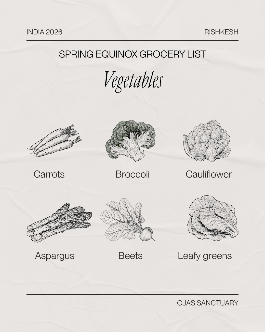 Eating with the seasons is one of the simplest and most powerful ways to support your body.
In Ayurveda, spring is known as Kapha season. After the cold and stillness of winter, Kapha (earth + water) tends to accumulate, bringing qualities like heaviness, sluggishness, excess mucus, and low energy.
Spring foods are lighter, fresher, more bitter and astringent, helping to gently reduce excess Kapha and restore flow in the body. Think leafy greens, herbs, spices, seasonal fruits…
Foods that awaken, rather than weigh you down.
Eating seasonally is not a trend. It’s a way to stay in rhythm with your body and the world around you.
Save this list for your next grocery run. 🌿✨
#ojassanctuary #kaphaseason #grocerylist #springequinox #ayurveda #springayurveda