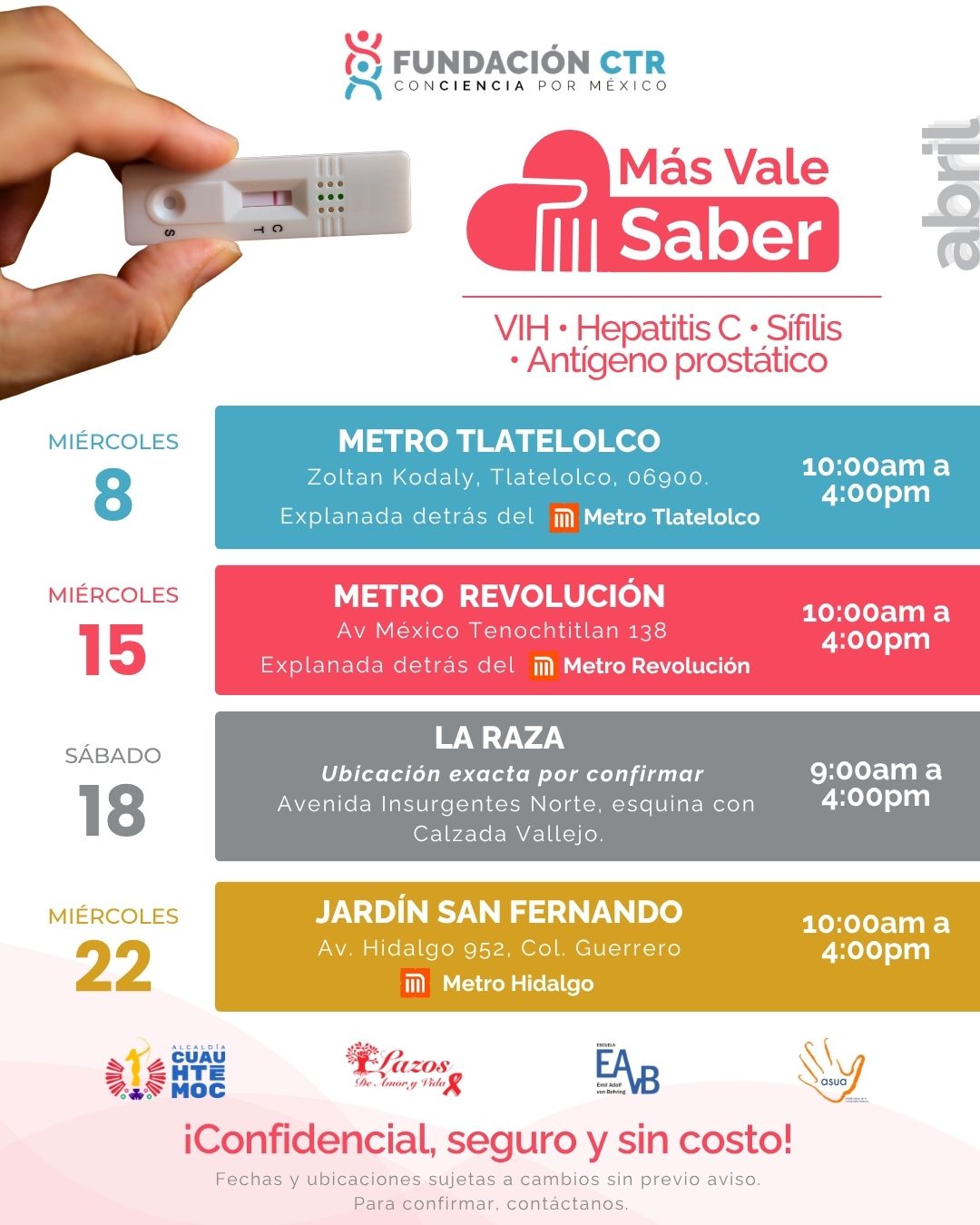 ✨ ¡Abril llega con más brigadas de salud! 💕
💪 Nuestra misión continúa: detectar, prevenir e informar, para promover la salud.
En nuestras jornadas de atención de este mes, tendremos disponibles:
🧪 Pruebas rápidas de VIH, Sífilis, Hepatitis C y Antígeno Prostático.
🛡️ Entrega de preservativos y consejería profesional en salud sexual.
🗣️ Pláticas informativas para el cuidado integral.
Y en nuestra primera jornada en La Raza, en colaboración con @asuanorte , también contaremos con servicios de monitoreo:
🩺 Perfil lipídico (Colesterol y Triglicéridos)
🩸 Hemoglobina glicosilada (Control de azúcar)
😱 ¡TODO SIN COSTO!
¡Pasa la voz y ven con nosotros! 📢
❗️UBICACIÓN DE LA RAZA (SABADO 18 DE ABRIL)❗️
🚩 F.C. Industrial 1155, Vallejo, Gustavo A. Madero, 07870 Ciudad de México, CDMX
#SaludParaTodos #Prevención #SaludSexual #Abril #CDMX #Bienestar #ITS #PRUEBASVIH #SÍFILIS