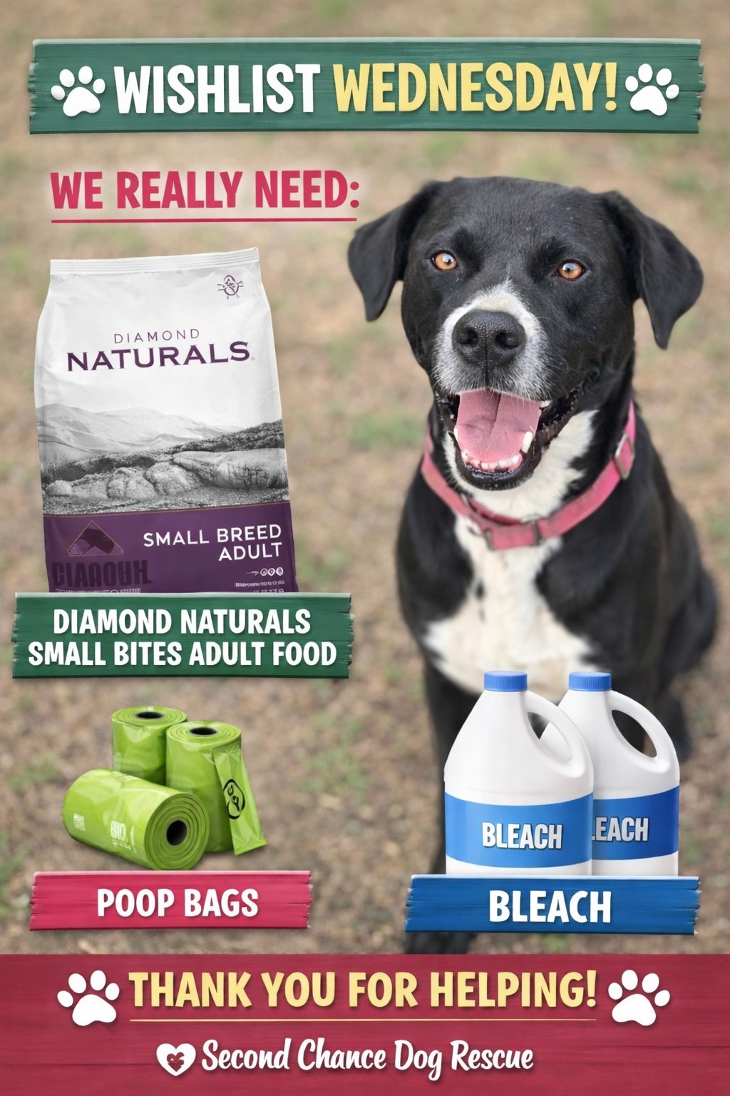 WISHLIST WEDNESDAY 🛒🐾
We are officially out of Diamond Naturals Small Bites Adult Food (Chicken), and really need to get more in for the small dogs! This is our most urgent need right now. ❤️
Other Needs:
🦴 Poop bags
🧼 Bleach
🦴 Benebones- all sizes
Every donation helps us keep the dogs fed, cared for, and living in a clean environment while they wait for their forever homes. Even grabbing just one item makes a big difference for us!
If you’re able to help, we are so grateful. Please comment DONE if you snag something so we can thank you! And as always, please share to help us reach more supporters. 🐶✨
🔗 Amazon: https://www.amazon.com/hz/wishlist/ls/3PTSZA2L8UM6F?ref_=list_d_wl_ys_list_1
🔗Donate: https://www.scdrm.com/donate
🔗 Chewy: https://www.chewy.com/g/second-chance-dog-rescue_b92677136
#WishlistWednesday #SecondChanceDogRescue #RescueNeeds #DogFoodNeeded #RescueSupport #DonateForDogs #RescueDogs #doglover #dogs #rescuedismyfavoritebreed #Texas #TarrantCounty #JohnsonCounty