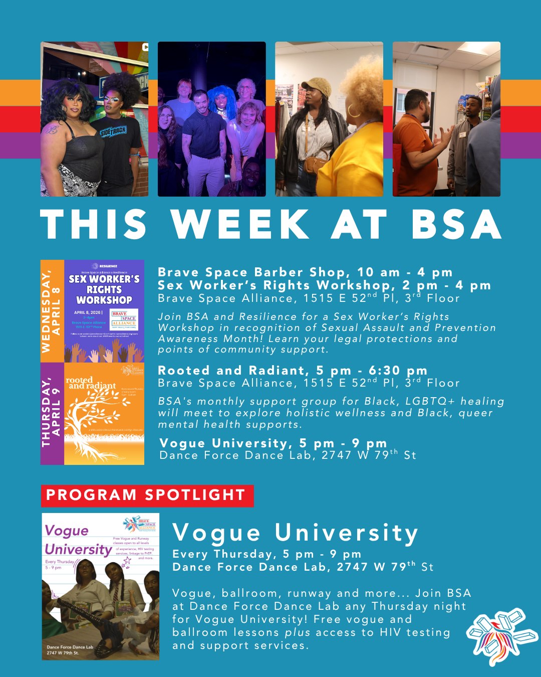 Join us for free affirming barber services, Rooted and Radiant, and VU this week at BSA 🧡
💈 This Wednesday, the Brave Space Barber Shop will be open from 10 am - 4 pm, first come, first served. Our Sex Worker's Rights Workshop in collaboration with @resiliencechi and community hosts has been RESCHEDULED. Check back soon for the new date!
🌻 On Thursday, BSA's community support group for Black, LGBTQ+ wellness, Rooted and Radiant, will meet in the space from 5 pm - 6:30 pm. Pick up key wellness resources and strategies alongside members of shared experiences. Vogue University will also meet at Dance Force Dance Lab from 5 pm - 9 pm, as always — vogue, ballroom, and runway lessons alongside HIV testing and care resources.
#thisweekatbsa #bravespacealliance #wellness #transchicago #transspaces