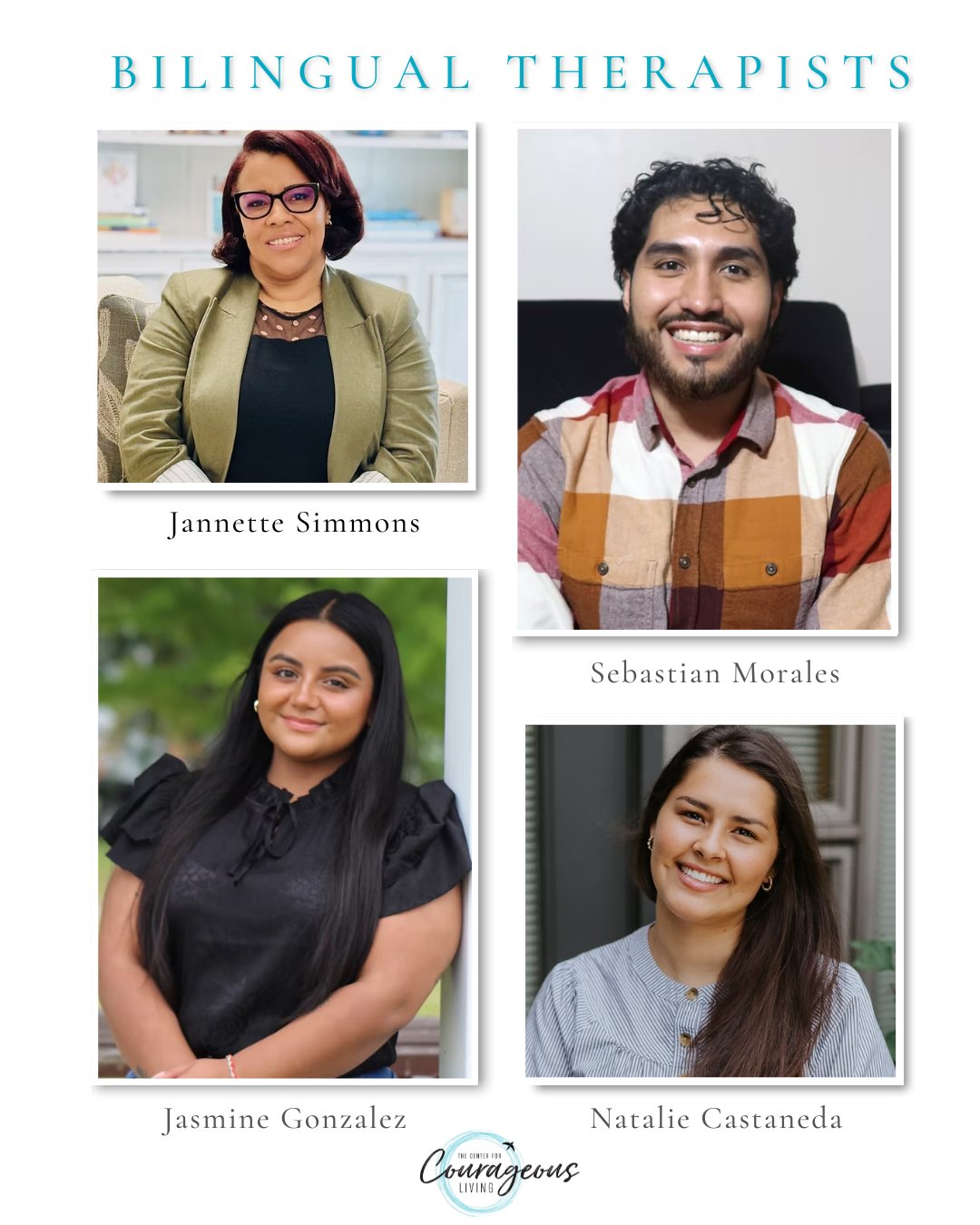 At Center for Courageous Living, we believe that feeling understood is an essential part of the healing process.
Our team includes bilingual therapists who provide services in both English and Spanish, helping create a supportive space where clients can express themselves comfortably and authentically.
We are grateful to have bilingual clinicians on our team, including Jannette Simmons, Sebastian Morales, Jasmine Gonzalez, and Natalie Castaneda.
Being able to communicate in your preferred language can make a meaningful difference in therapy — allowing you to share your thoughts, emotions, and experiences in a way that feels natural and fully understood.
If you or someone you know is looking for bilingual mental health support, we encourage you to reach out. Our team is here to help guide you through the process and connect you with a therapist who can support your needs.
To learn more or schedule an appointment, contact us today.
📍 Crystal Lake, IL
📞 815-707-4806
📧 gia@centerforcourage.com
🌐 centerforcourage.com
#BilingualTherapist #MentalHealthSupport #CrystalLakeIL #TherapySupport #TheCenterForCourageousLiving #SpanishSpeakingTherapist