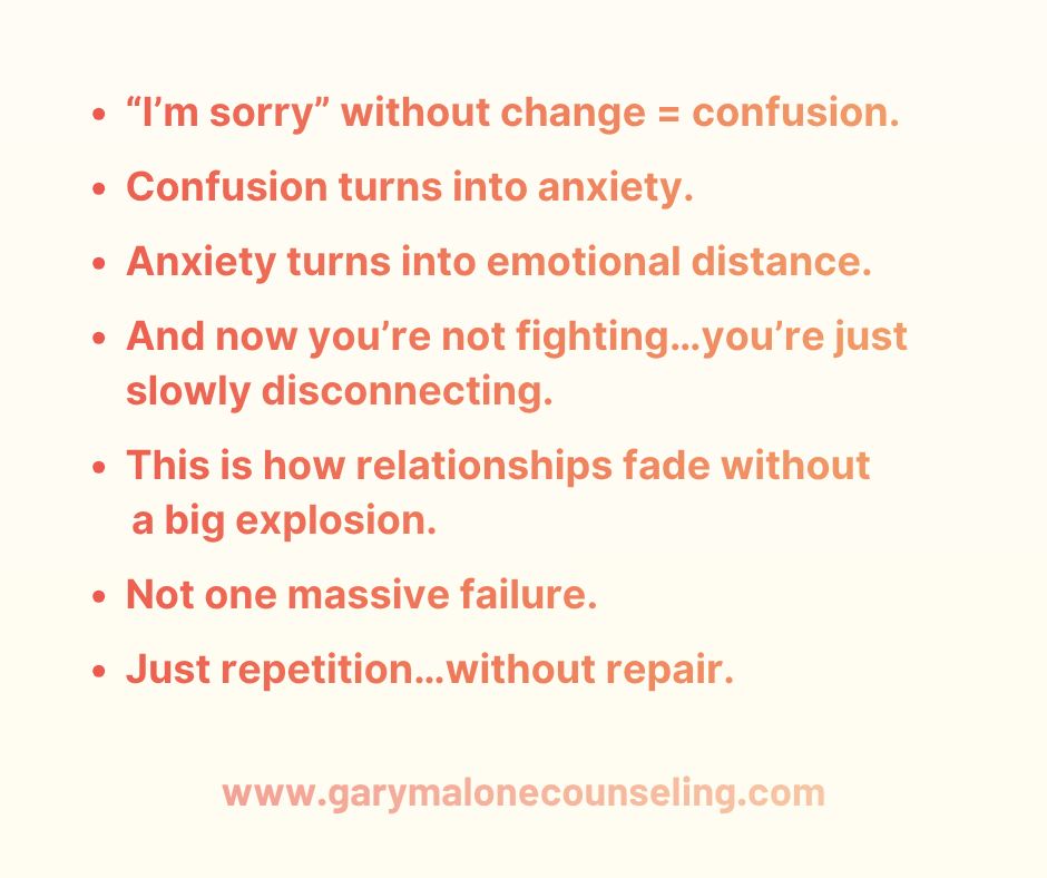 Most relationships don't explode, they fade in slow motion.
When nothing actually changes after “I’m sorry,” your partner stops feeling safe and starts pulling back.
Not out of spite… but because their body has learned what to expect.
And over time, distance replaces connection without either of you fully realizing it’s happening.
If this feels familiar, you don’t have to stay stuck in it.
This is the work I do with couples every day...helping you break the pattern and actually rebuild something different.