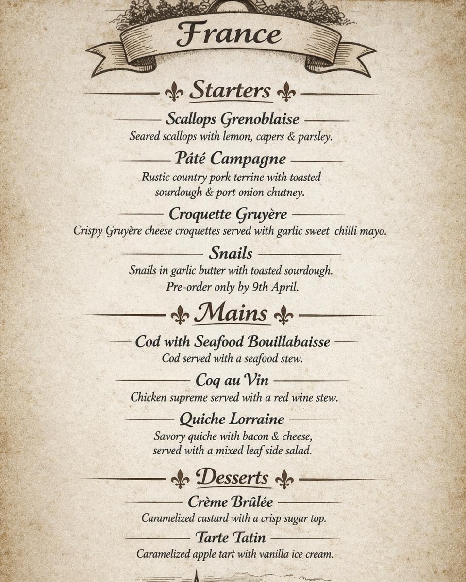 🌍Around the World Food Specials 🌍
Join us on Thursday 16th April from 5pm as we take you on a culinary journey to France.
Enjoy an evening of classic French cuisine, full of rich flavours and timeless dishes-
🐌 Snails (escargots) available – pre-order only!
Be sure to book now to avoid disappointment.
#aroundtheworld #nopassportneeded #thegeorgemaulden